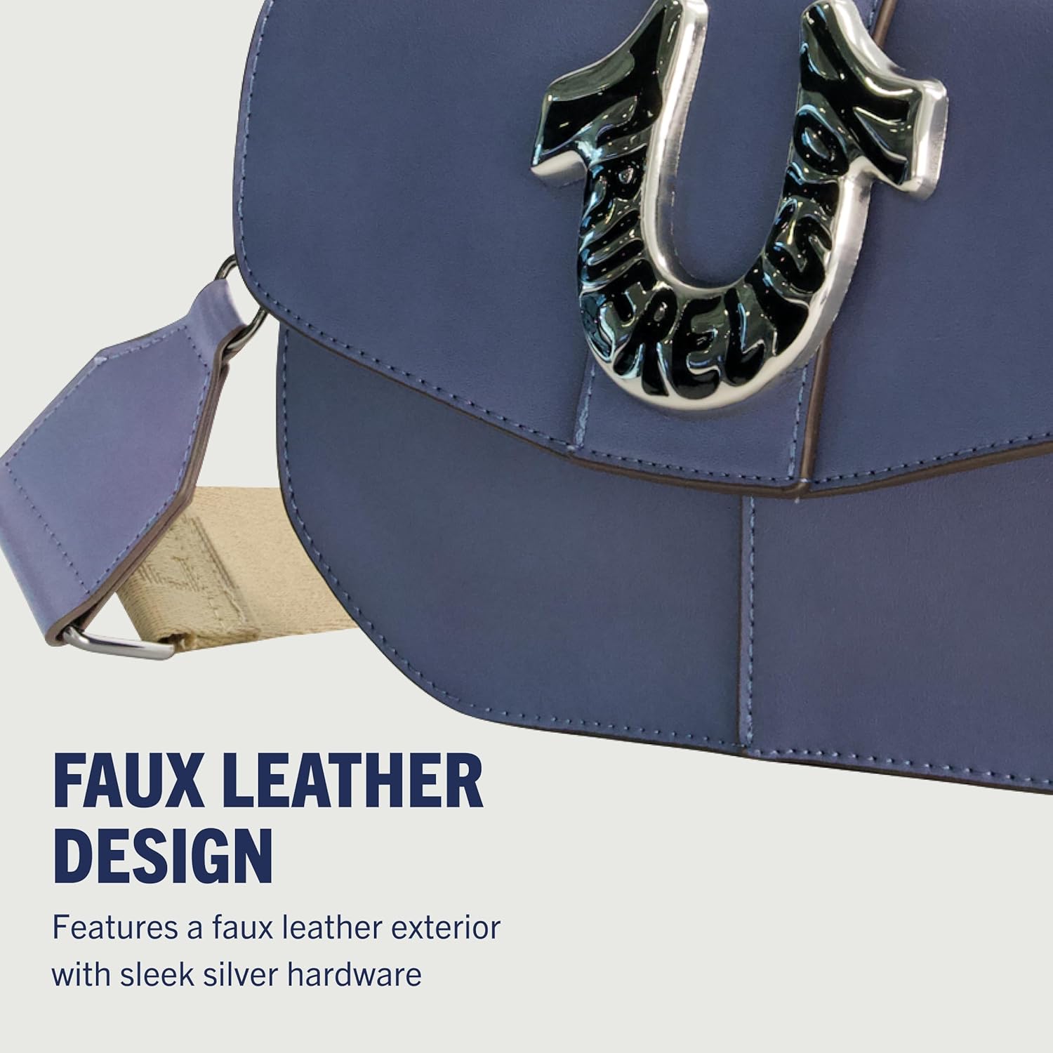 True Religion Saddle Bag, Women's Faux Leather Crossbody Purse with Adjustable Shoulder Strap, Blue, One Size