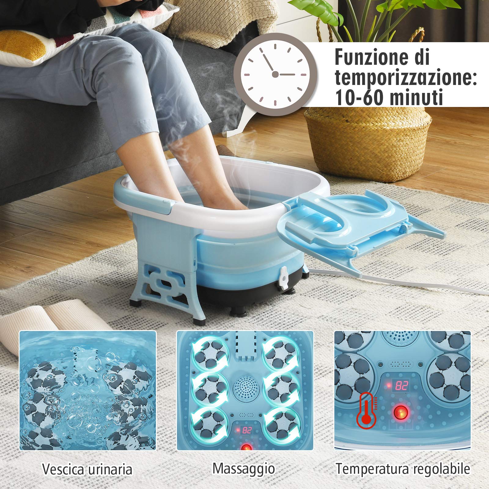 RELAX4LIFE Pediluvio Massaggiatore Piedi con Luce Infrarossa, Scalda Acqua Fino a 48°C, Massaggiatore Piedi Pieghevole con Telecomando Portatile, Funzione Calore e Rullo (azzurro)
