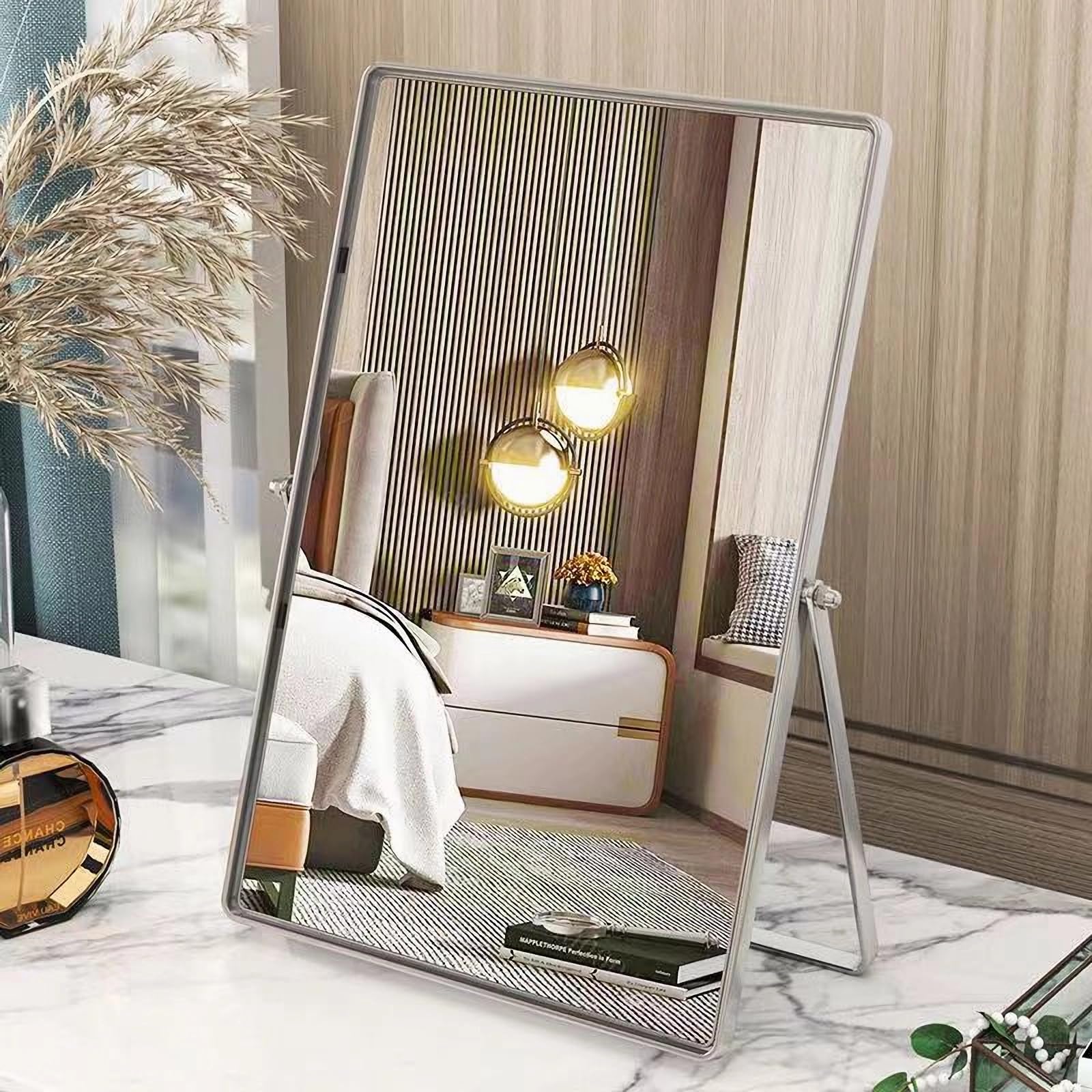 Gosider Rectangular Silver Vanity Desk Table Mirror Rectangular Makeup Mirror Single-Sided 90°Swivel Countertop Mirrors 30X22cm High-Definition Makeup Desk Mirrors For Dresser Living Room Bedroom Office Large