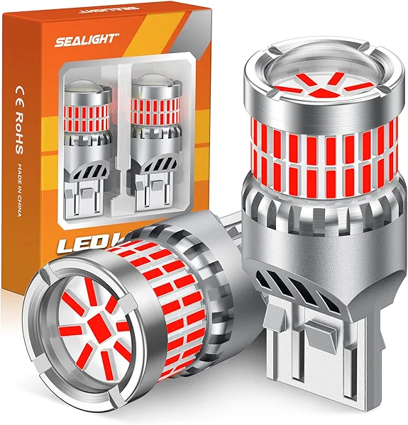 SEALIGHT 7440 7443 LED Bulbs Red for Brake Lights, Upgraded T20 7444 7441 W21W 992 7443NA LED Bulb 56-SMD with Projector Lens for Stop Tail Lights, Pack of 2