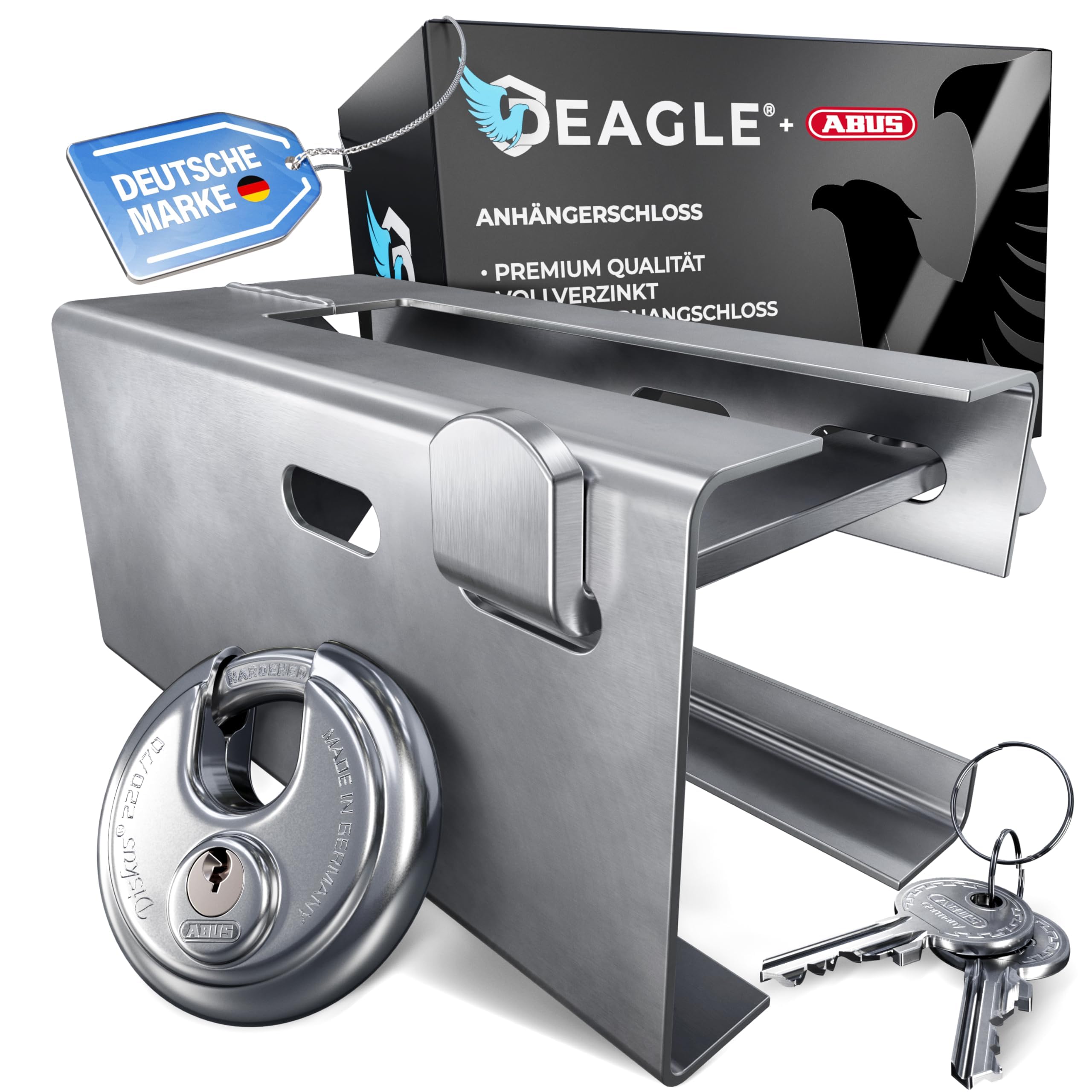 Deagle® ANHÄNGERSCHLOSS MIT ABUS DISKUS – Hochwertiges Deichselschloss aus verzinktem Stahl – Robuste Anhänger Diebstahlsicherung für optimalen Schutz im abgekuppelten Zustand bei jeder Wetterlage