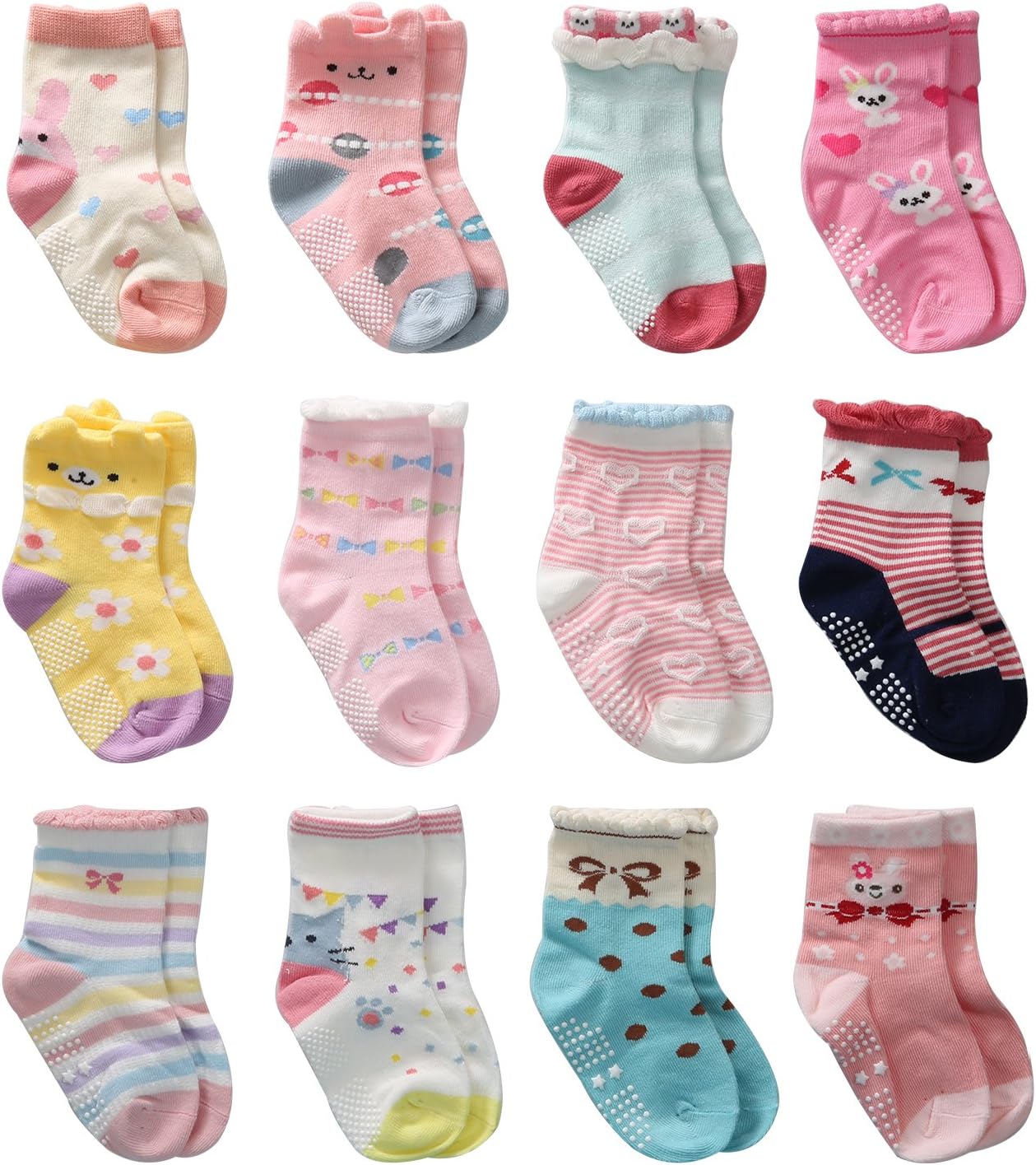 Wobon 12 Pairs Toddler Girl Socks Baby Girl Cotton Socks Non Slip Grip Socks, Infant Anti Skid Socks for Kids Girl