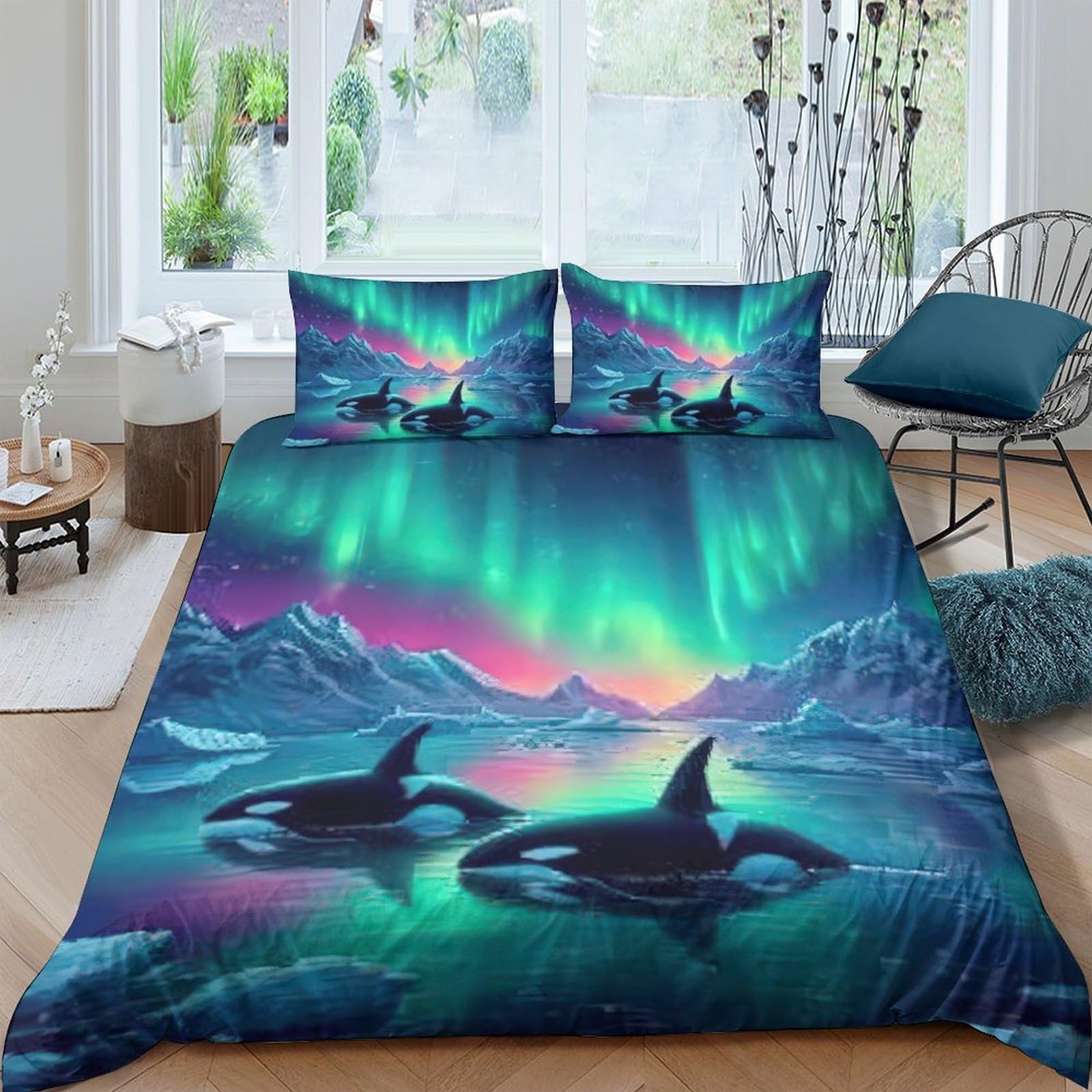 Ctjqhvkz Style-2 3D Printed Aurora Borealis Fitted Sheet Microfiber Whale Ocean Bed Cover For Bedroom Guest Room Mattress Decor Single（135X200cm）