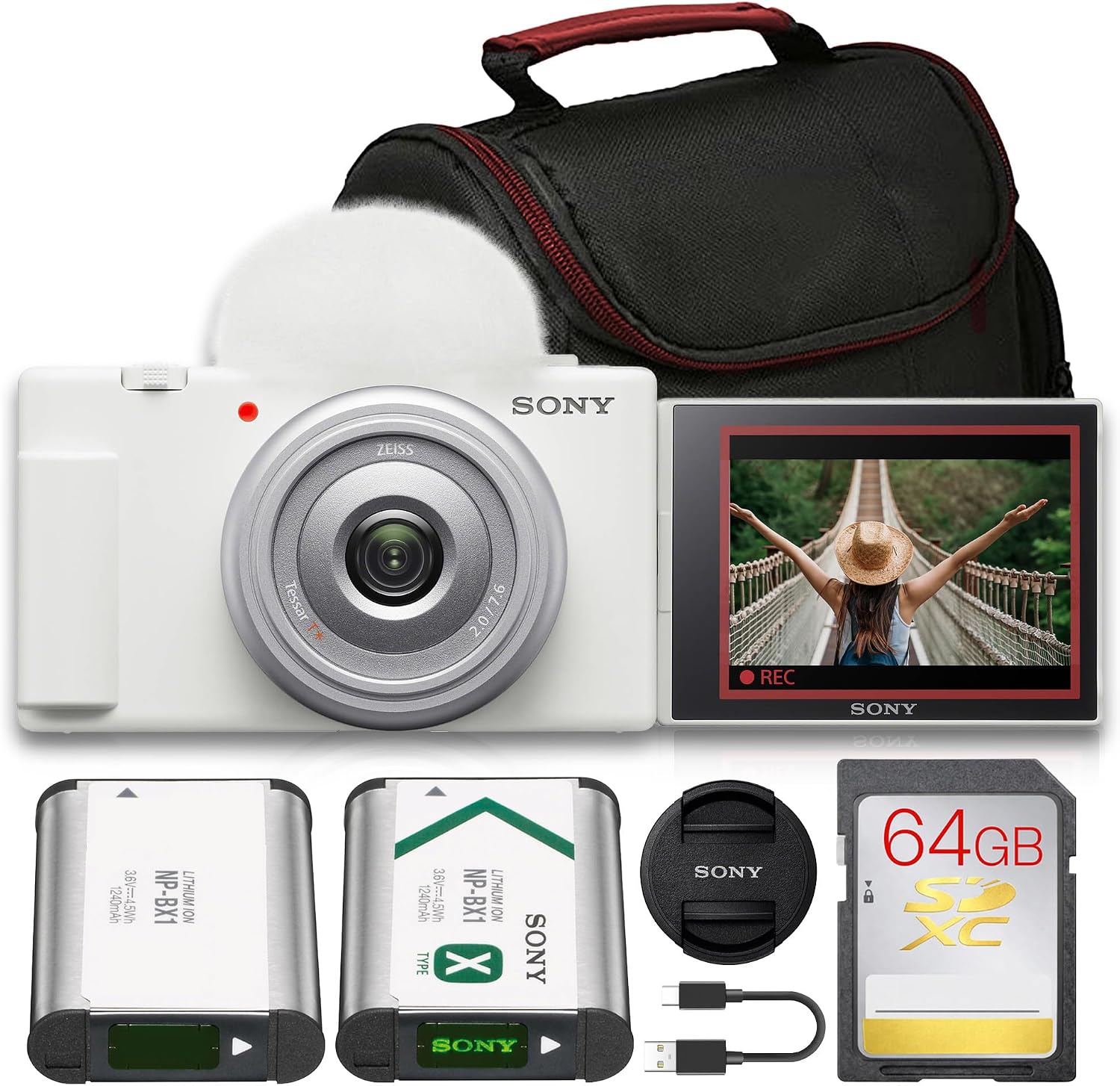 ZV-1F Mirrorless Camera with 20mm Lens & Battery (White) Bundle | For Vlogging & Content Creation | 4K Video | 20.1MP 1" Sensor | Flip Screen & Directional Mic + 64GB Memory Card (ZV1F/W)