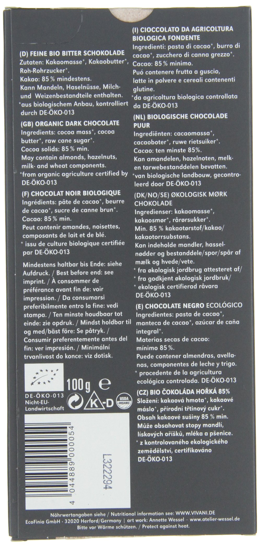 Vivani Organic Dark Chocolate with 85% Coco 100 g (5 sztuk)