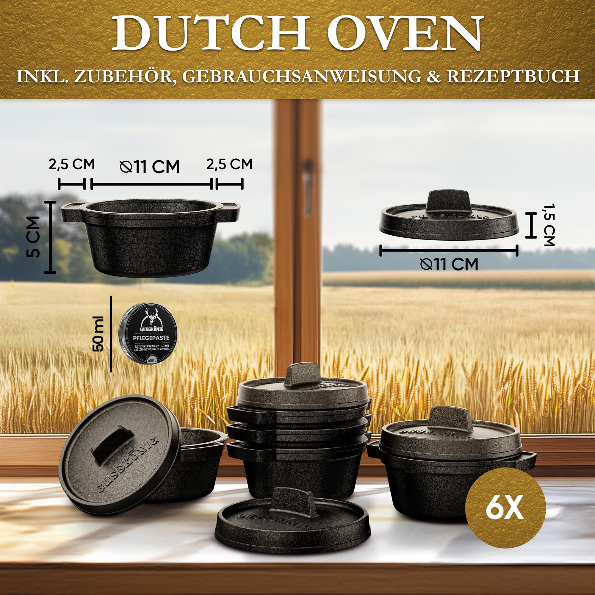 GUSSKÖNIG Mini Gusseisen Brotbackform Set–6x 300 ml Brotbacktopf mit Deckel–eingebrannte Mini Dutch Oven zum Brotbacken–kleine Gusseisentöpfe für Mini-Brote+Rezeptbuch & Pflegepaste–30Jahre Garantie