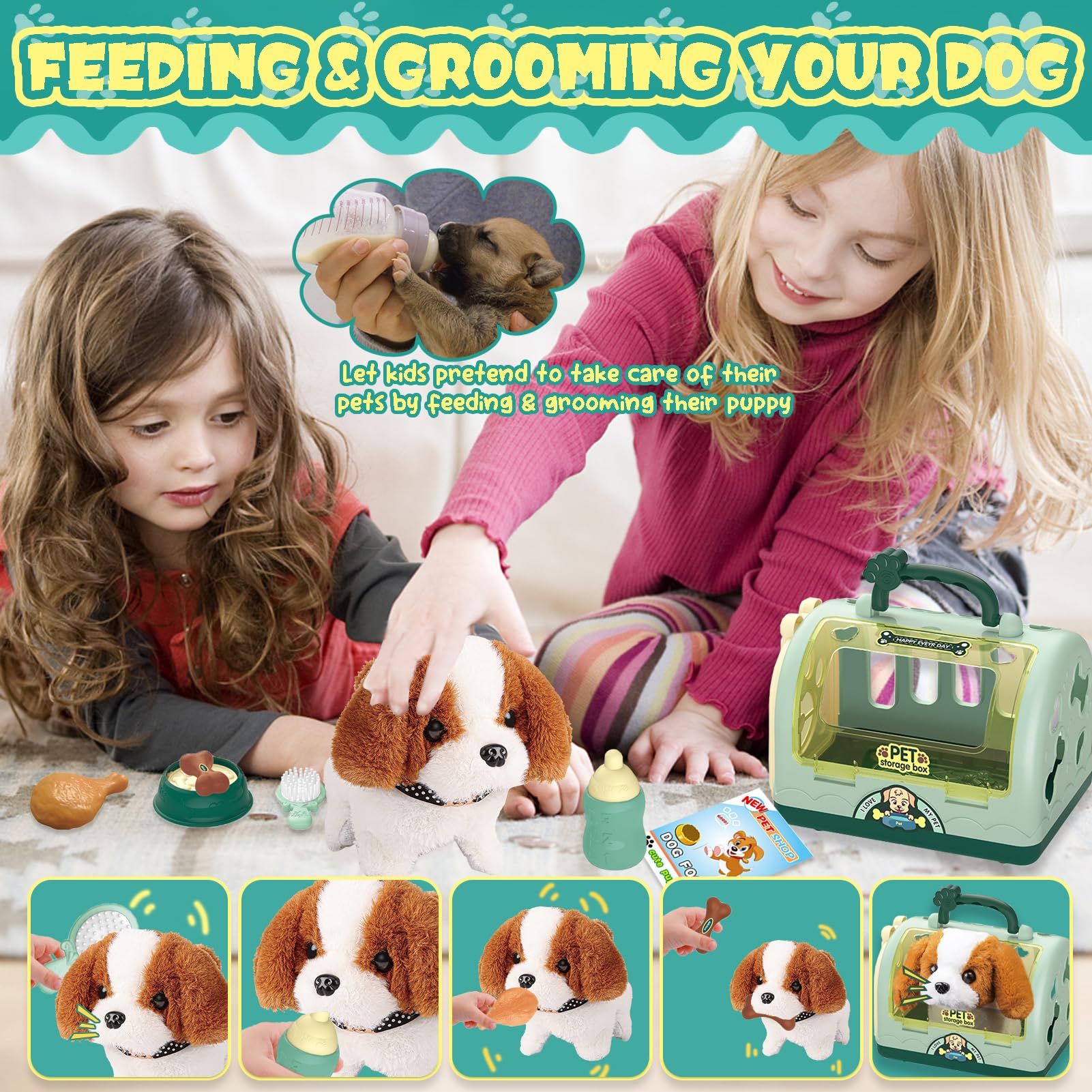 Sotodik 15 stuks elektronische vet set voor kinderen, walk en bark, kleine hond, rollenspel, beauty playset, Pet Care rollenspel, vroeg educatief speelgoed voor jongens, barbecues, peuters