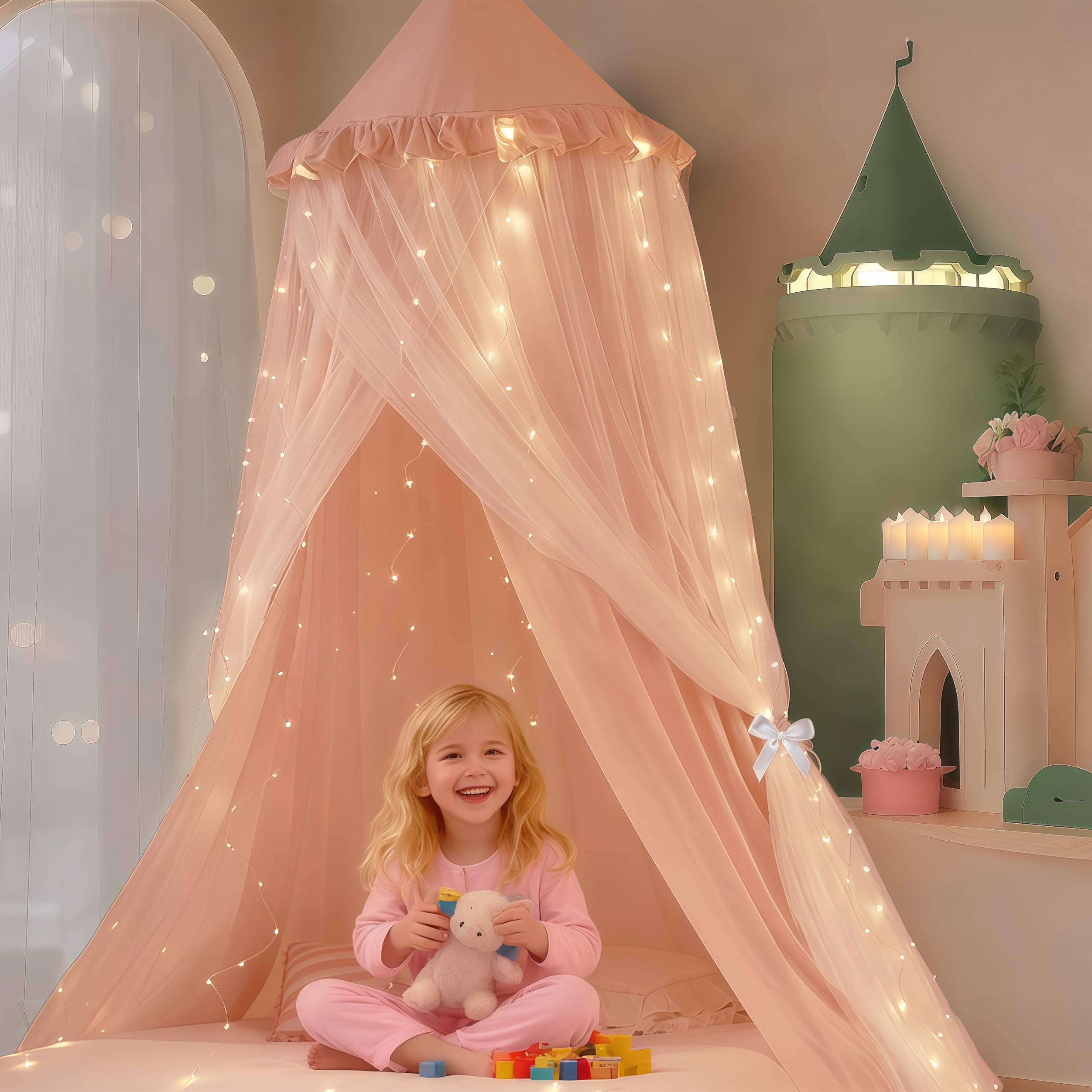 Baldacchino per letto da principessa per bambine, baldacchino a doppio strato con 250 luci per tende bianche calde, adatto per letto singolo/matrimoniale - Tenda per letto fatato per