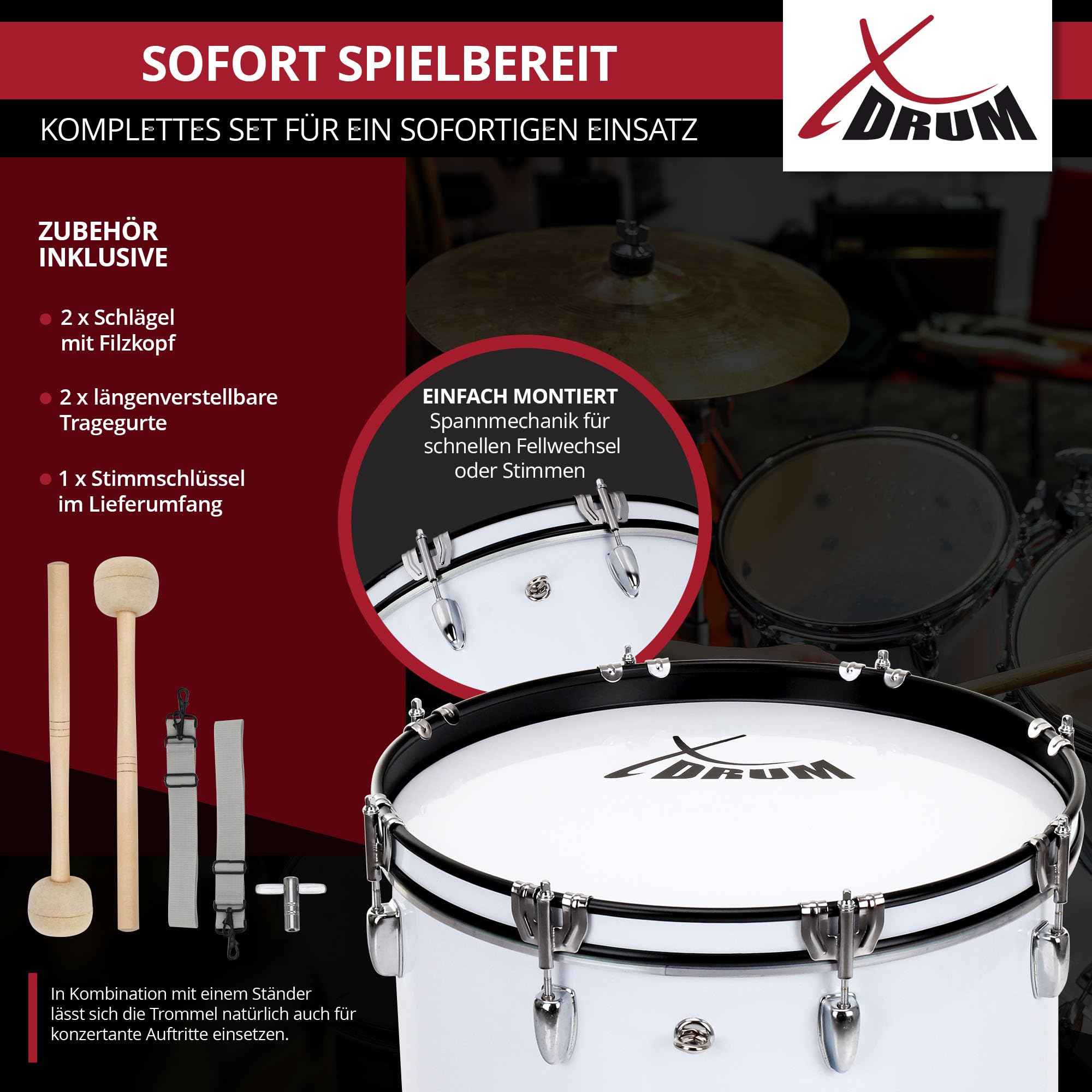 XDrum MBD-218 grancassa da marcia 18"x12" - 6,5 kg - 4 anelli di trasporto - 8 viti di tensione per lato - inclusi mazzuoli, cinghie e chiave di accordatura - bianco