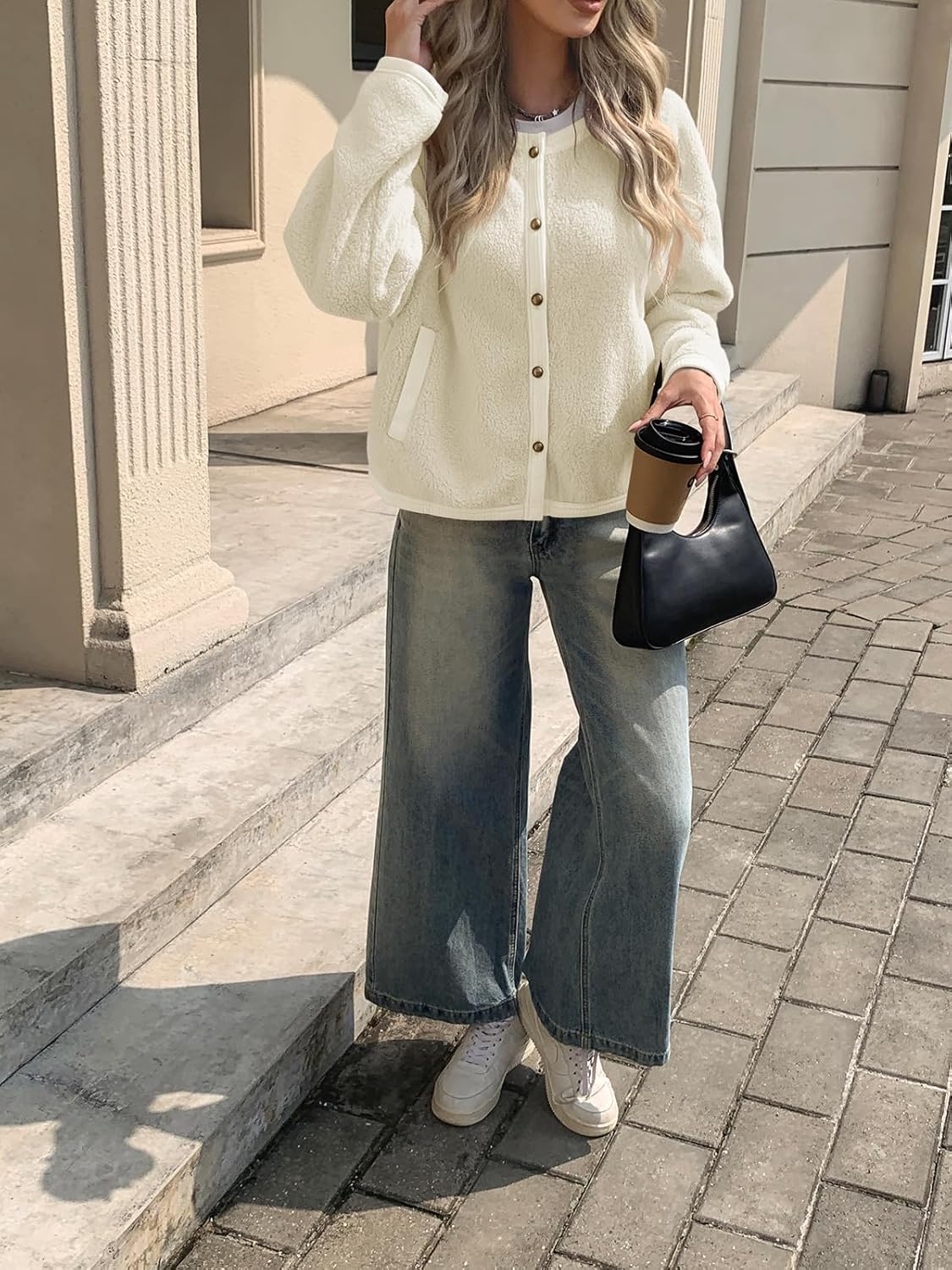 Yousify Womens Sherpa Fleece Jackets Cropped Button Down Crew Neck Coats Fall Casual Trendy Outerwear - Image 6