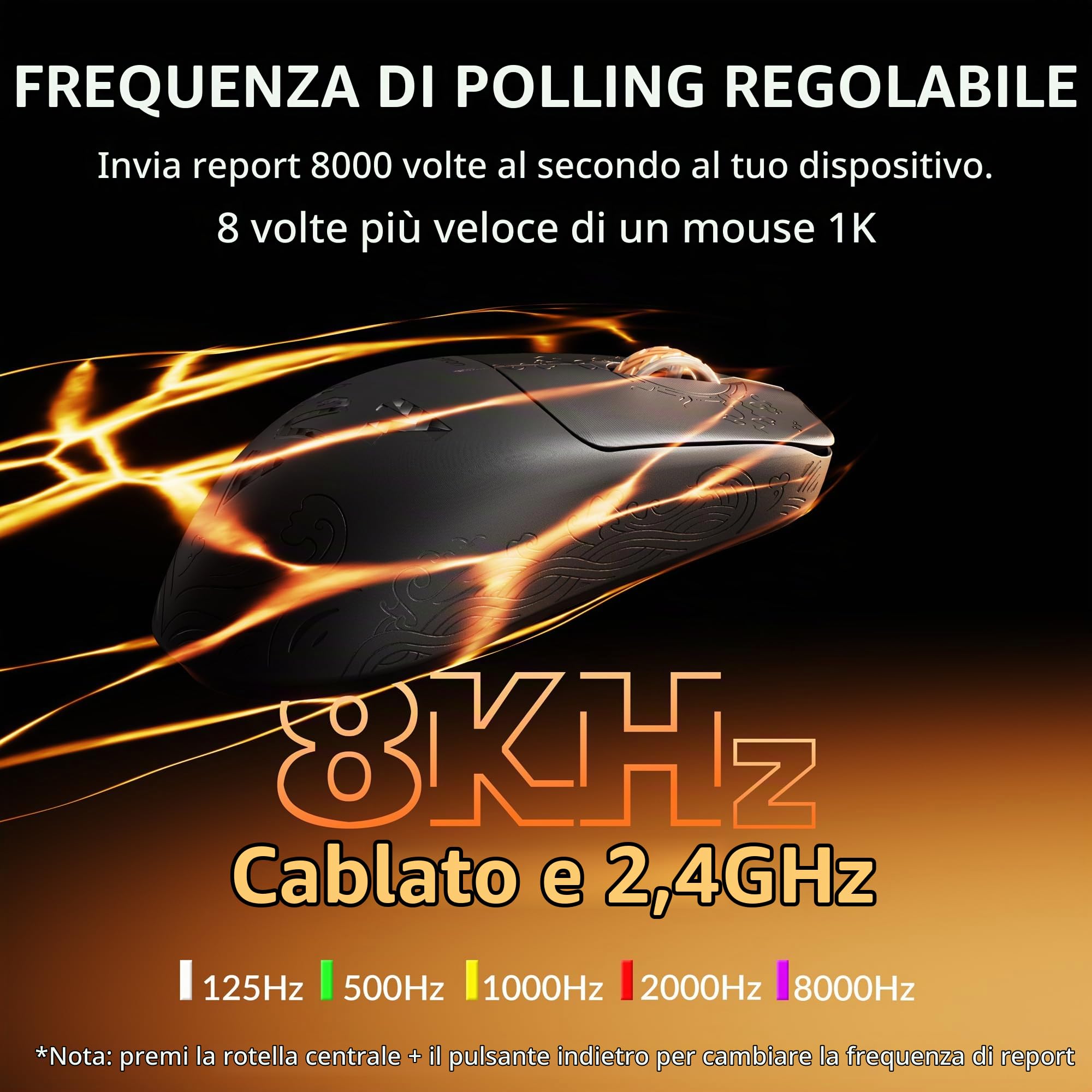 Keychron G3 8K Mouse Gaming Wireless in Fibra di Carbonio, 30000 DPI, Sensore PAW 3950, ultraleggero 44g, 2,4 GHz/BT 5.3/USB-C, 5 Pulsanti Programmabili, 160 Ore d‘Autonomia, Ideale per eSport e FPS