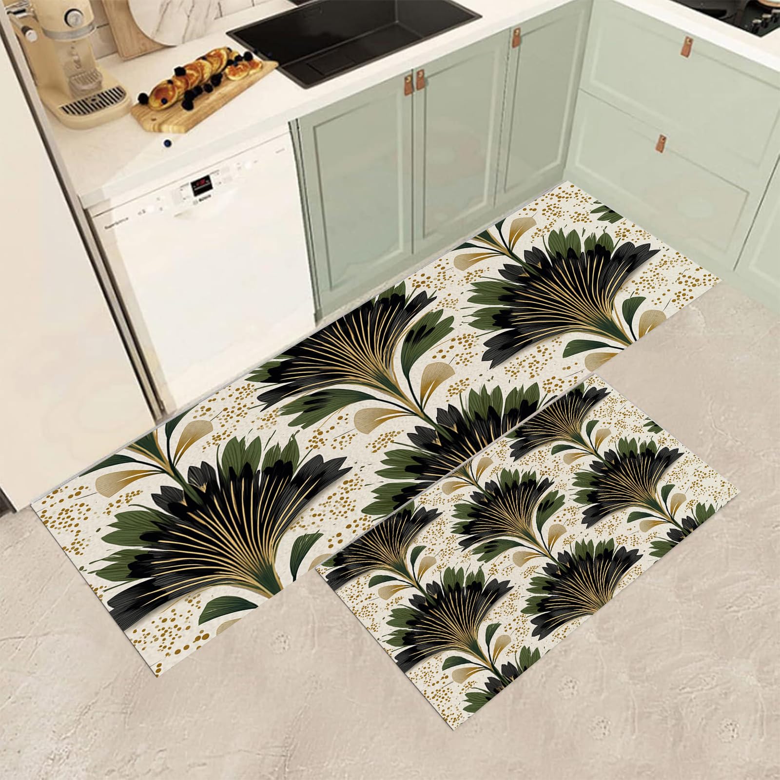 Tapis de cuisine antidérapant lavable lot de 2 fleurs en éventail 43x120cm