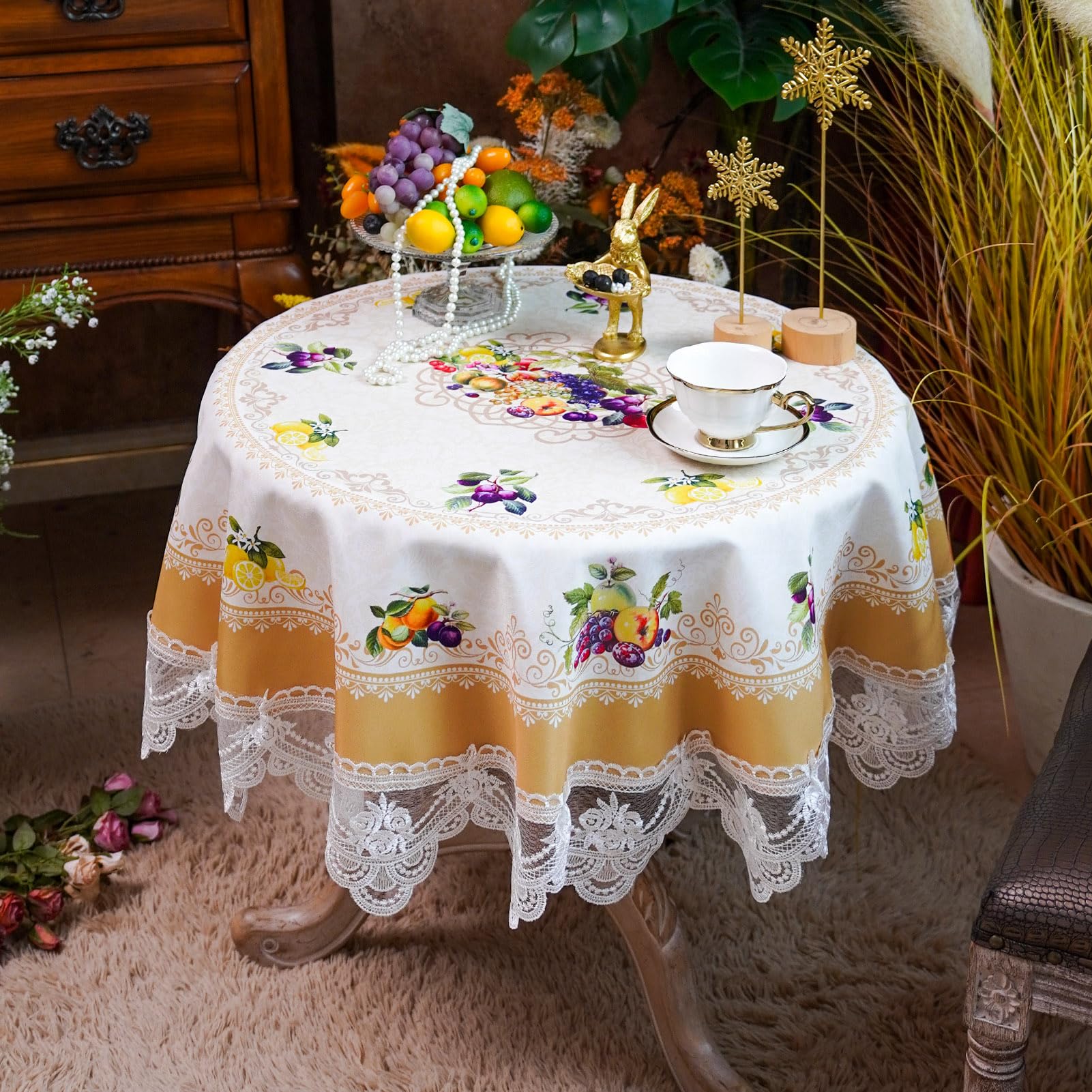 SUTAVIA Floral Round Tablecloth with Embroidery Lace Waterproof Fabric Burgundy Table Cloths Farmhouse Table Cover for Home Kitchen Dining Room