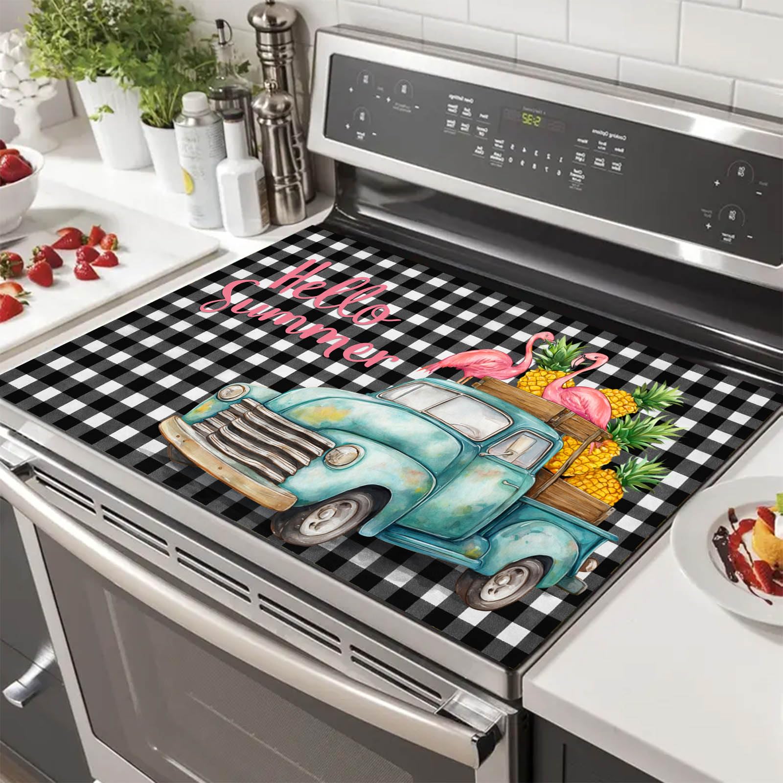 HOMETITUTE Hello Summer Stove Top Cover 28x20 Truck Gingham Heat Resistant