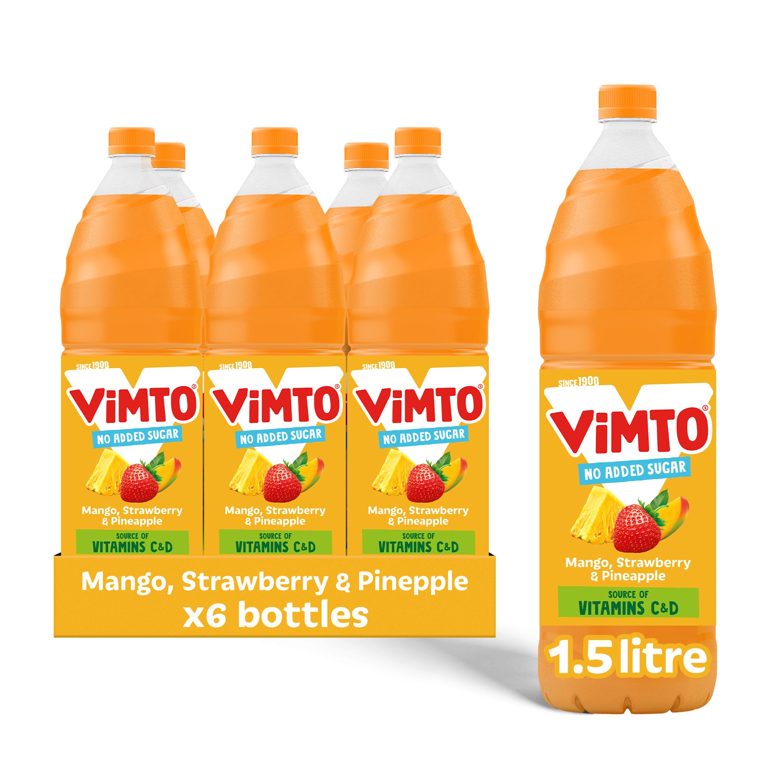 Vimto Mango, Strawberry & Pineapple Squash 1.5L (Pack of 6) – Real Fruit Juice Concentrate, No Added Sugar, Refreshing Tropical Flavour, Dilutable Soft Drink