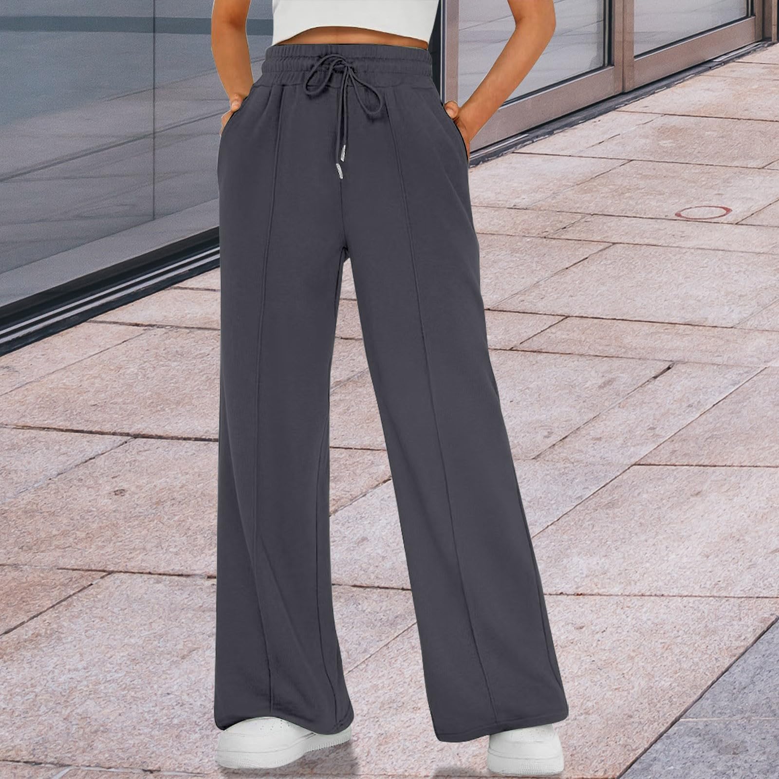 Damen Sommerhosen Leicht Weite Jogginghose Mit Taschen Und Kordelzug Freizeithose Mit Hohem Bund Dehnbare Stoffhose Mit Mittellinie Unifarbene Hose Lässige Trainingshose Für Damen