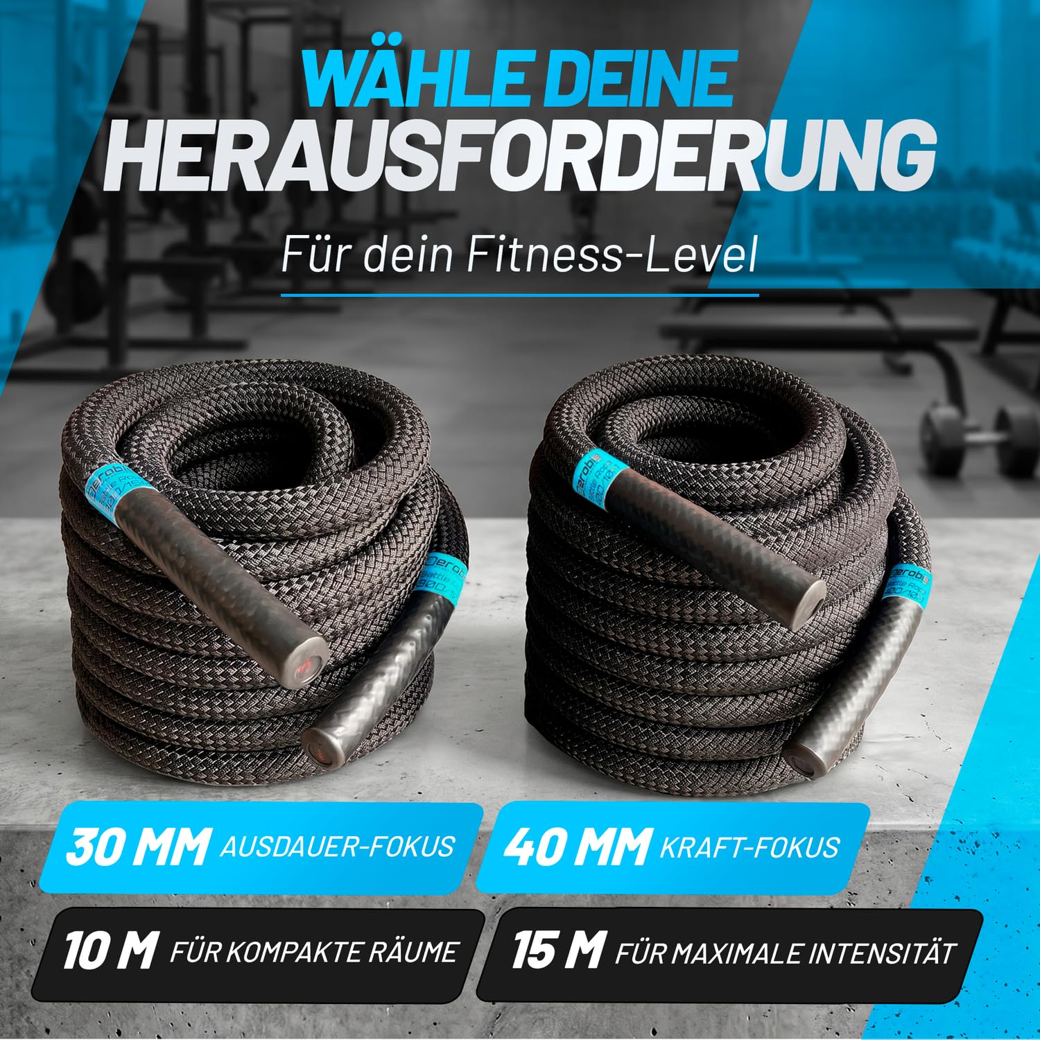 aerobis® Battle Ropes 30-40mm Durchmesser und 10-15m Länge inkl. Wandanker | Wetterfestes Trainingsseil | Videoanleitung & Trainingsplan