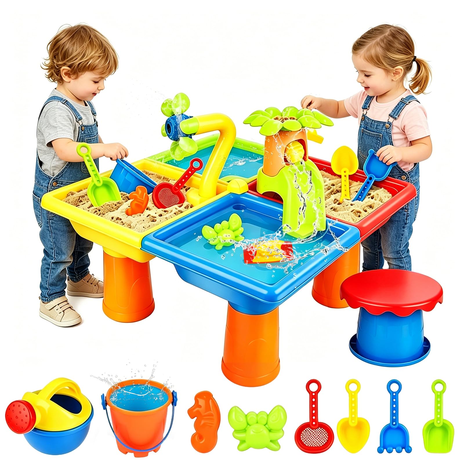 Mesa de Agua para Niños, Mesa de Arena y Agua 4 en 1, 25 Piezas Mesa Sensorial Juguetes de Verano al Aire, para Exterior, Jardín, Piscina, Regalo para niños de 3 años en adelante