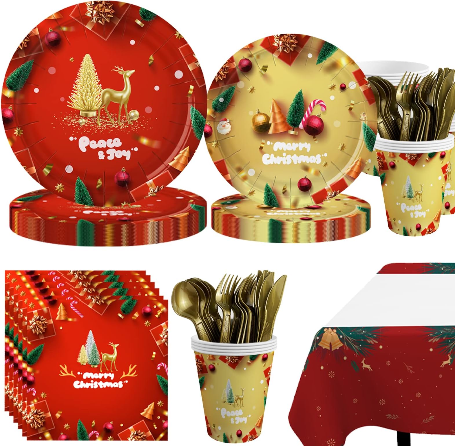 Christmas Paper Plates and Napkins - Christmas Decorations, Christmas Party Supplies Pack Serves 24, 48 Plates, 24 Cups, 24 Forks, 24 Knives, 24 Napkins, 24 Spoons and a Tablecloths,Great for Christmas Party Supplies