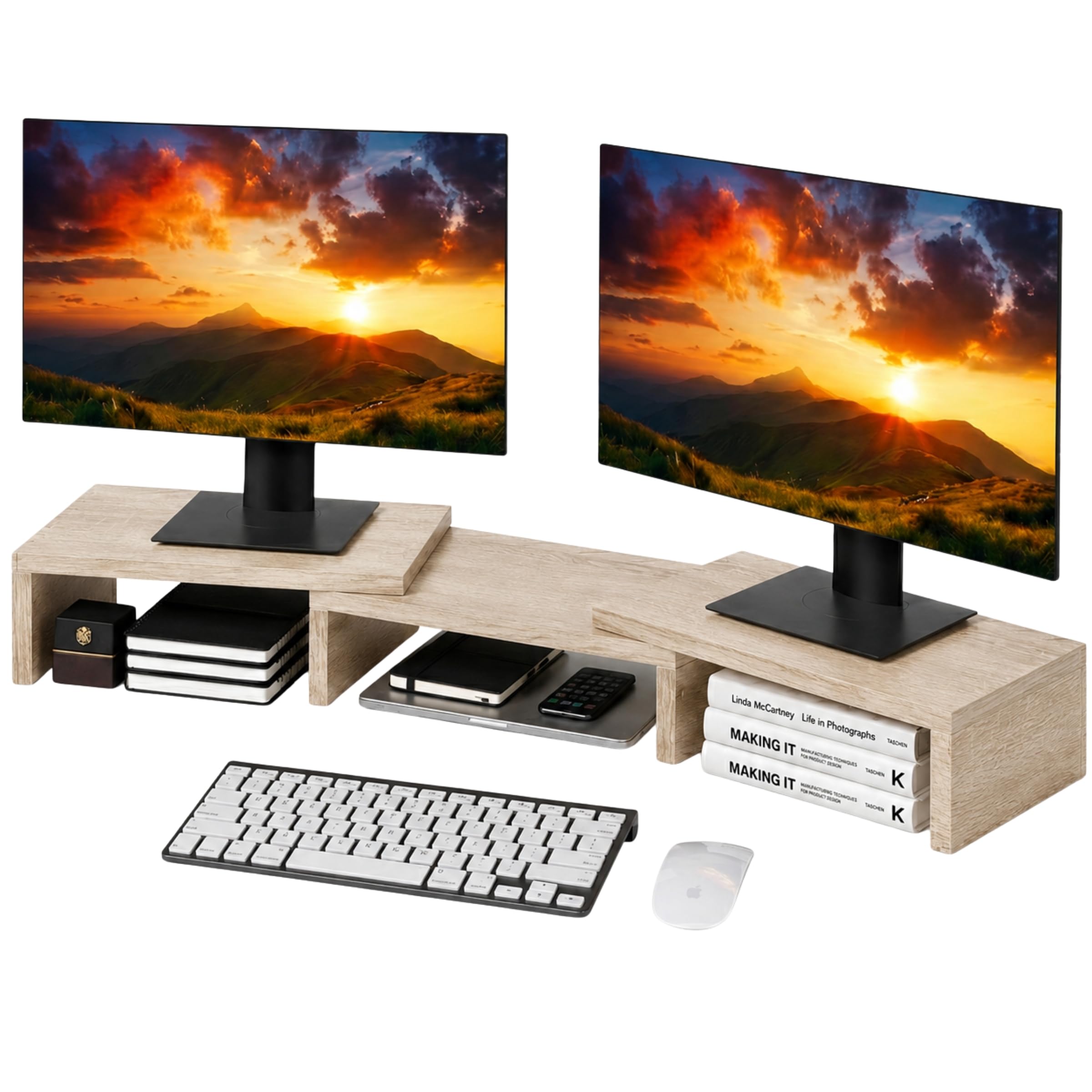 ComfortCove Dual Monitor Stand Riser, Desk Organizer, Laptop Stand, 3 Shelf Adjustable Length, Ideal for Home Office