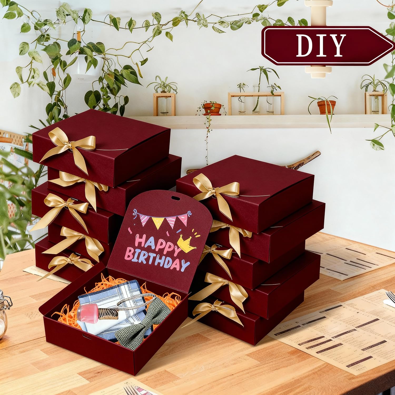 WLUSEAXI Geschenkboxen mit Deckel, 16,5 x 16,5 x 5,1 cm, rote Geschenkboxen für Geschenke, Papierboxen mit Band für Geburtstag, Hochzeit, Party, Schokolade, Süßigkeiten, 10 Stück