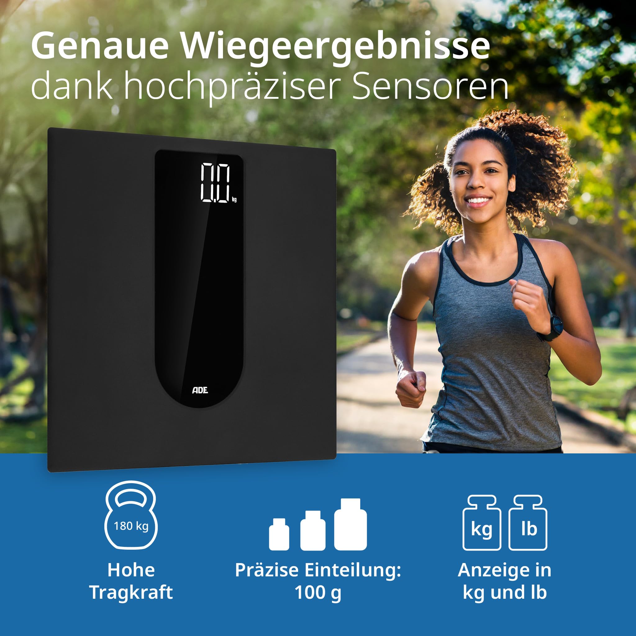 ADE Digitale Personenwaage mit großem LED-Display | rutschfeste Wiegefläche aus Sicherheitsglas | genaues Wiegeergebnis in 100-g-Schritten | elegante schwarz matte Oberfläche | bis 180 kg