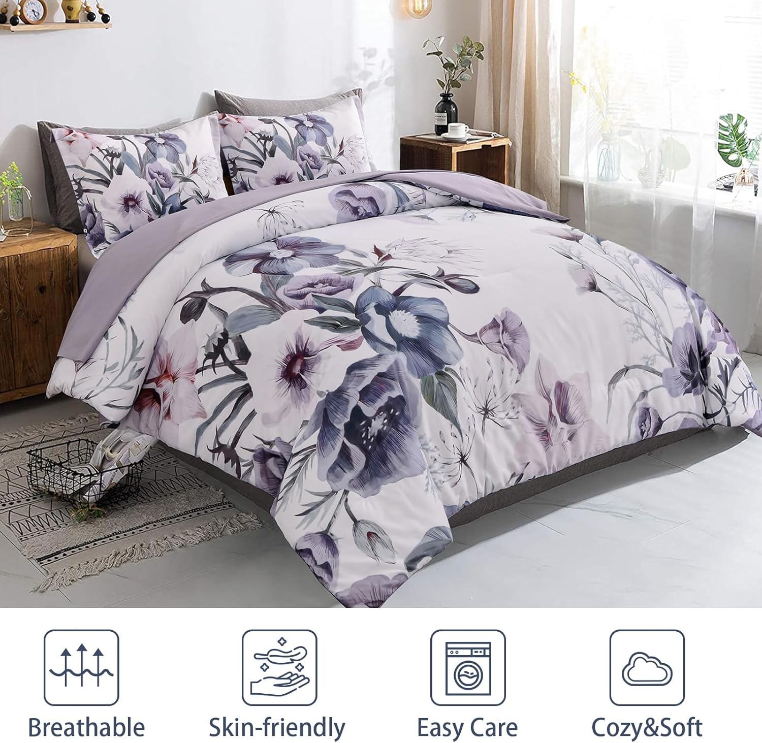 Drucon Floral Comforter Set King Size 3 Piece Purple Floral Bed in a Bag, Soft Microfiber Bedding Set for All Season (Purple, 104"x90") - Image 2