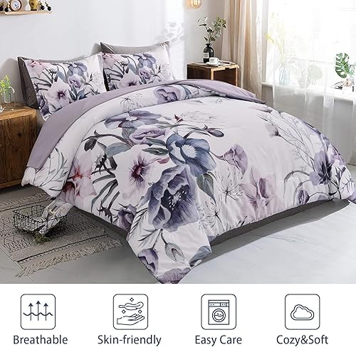 Miniatura 2 de Drucon Juego de edredón floral tamaño Queen, 3 piezas con estampado floral morado sobre blanco, juego de ropa de cama de microfibra suave para todas