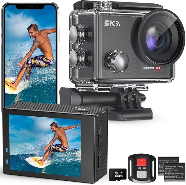 Action Camera 5K 30FPS Waterproof Camera Underwater 131FT with EIS WiFi App Remote Control 64GB Card 170° Wide Angle Sports Helmet Bike Video