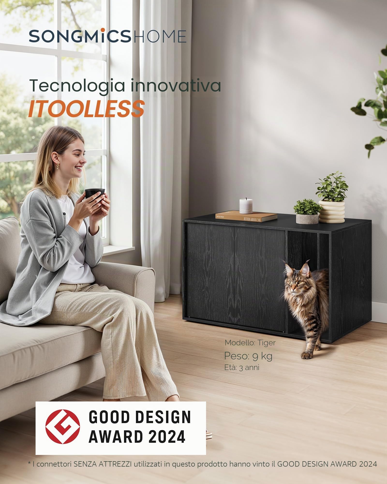 SONGMICS HOME Armadietto per Lettiera, Montaggio Rapido Senza Attrezzi Toolless, Casetta per Gatti Grandi, Porte a Spinta per Aprire, Tecnologia TOOLLESS, Nero Ebano PCL013B03