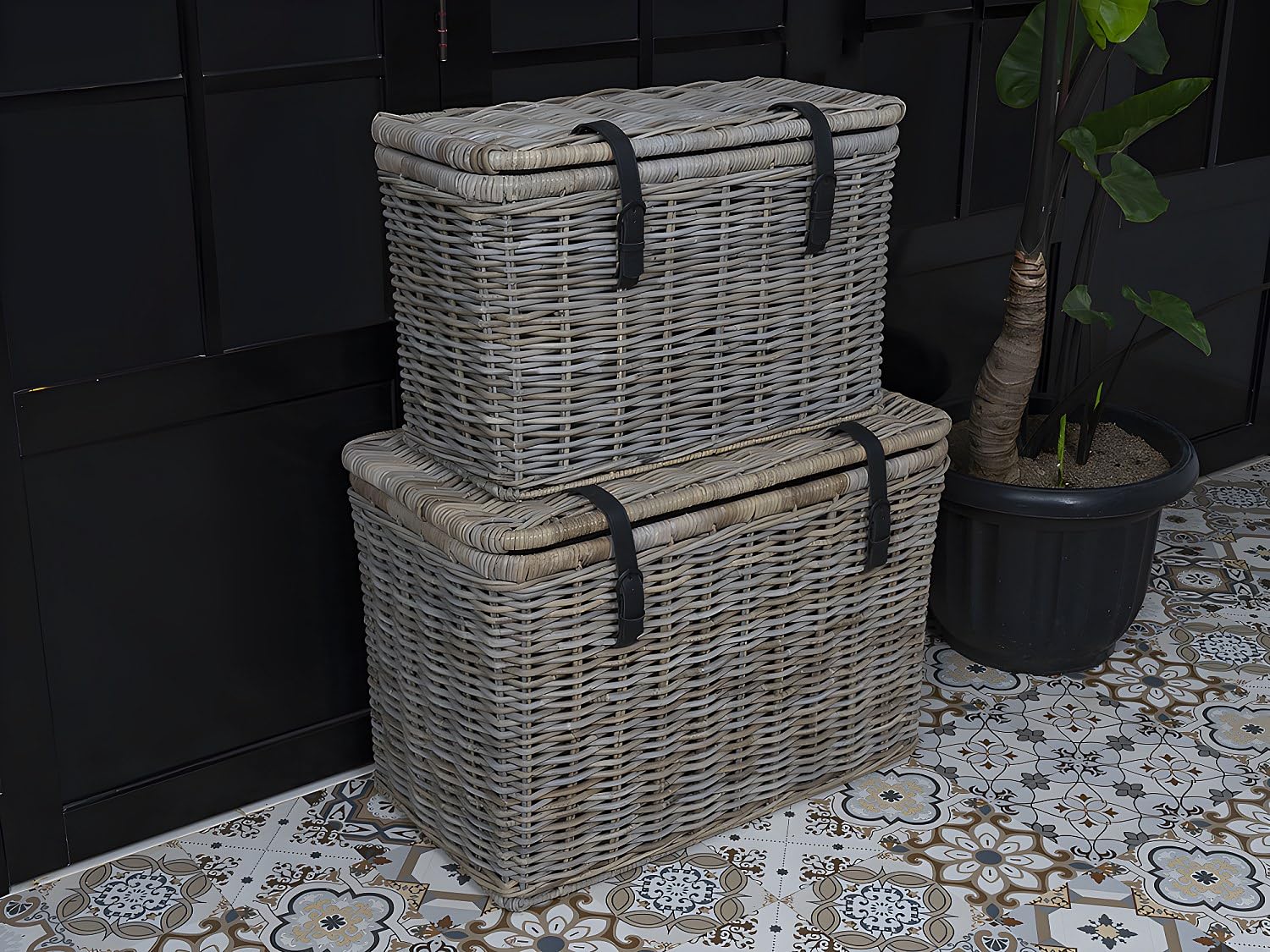 Vente-unique - Lot de 2 malles en kubu NEFTA - L80 x P45 x H55 cm et L70 x P35 x H45 cm - Gris naturel