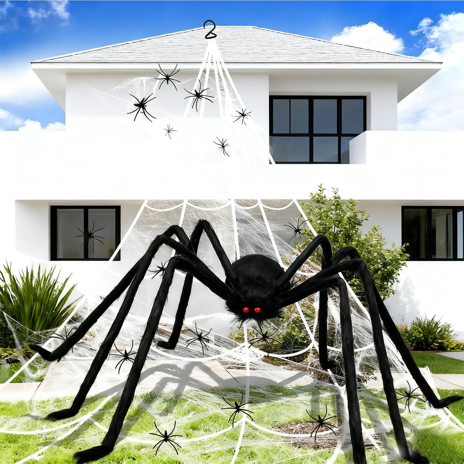 Giant Spider Halloween Decorations Outdoor Indoor,59" Black Giant Spider,275" Triangular Web,60g Stretch Spider Webs,60 Small Plastic Spiders for Halloween Party Props Garden Porch Haunted House Decor