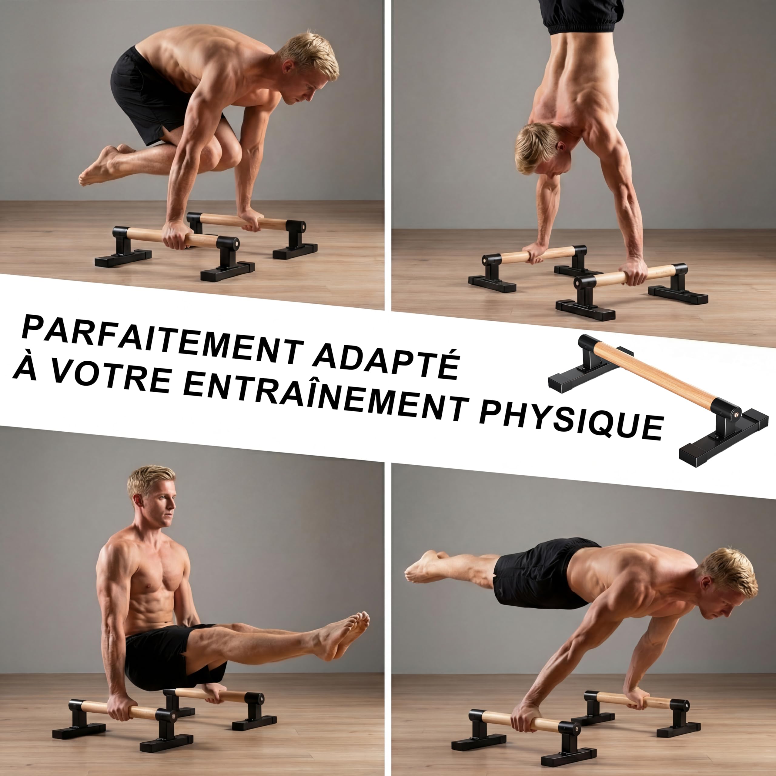 Parallettes, Barres parallèles pour Calisthenics, barres de musculation pour pompes, équilibres sur les mains et entraînement de force avec poignées en bois de hêtre, Équipement de fitness