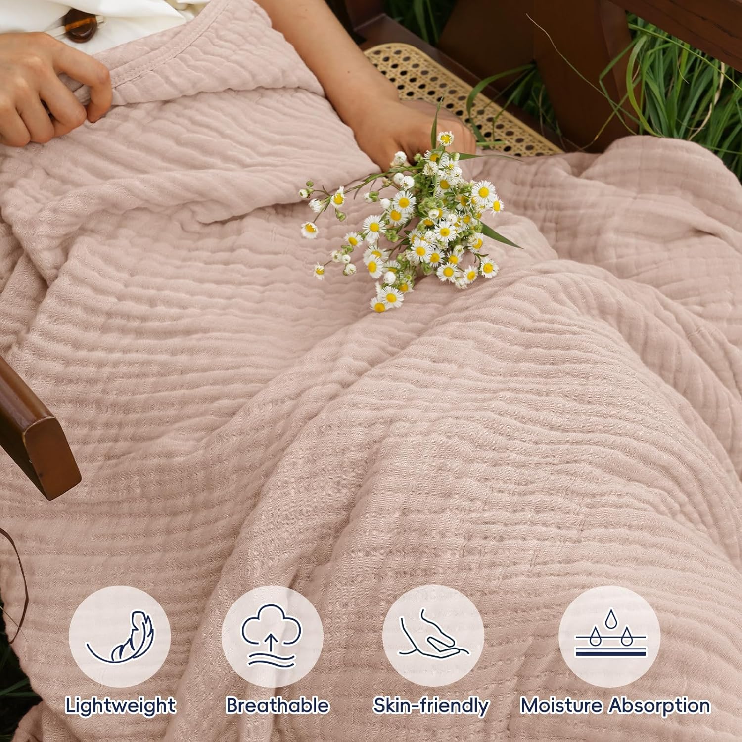 PHF Cooling Muslin Blanket Queen Size 90"x80", 6-Layer Lightweight Gauze Blanket Made from 35% Rayon Derived from Bamboo & 65% Cotton, Breathable & Ultra Soft Cozy for Hot Sleepers, Cameo Rose - Image 2