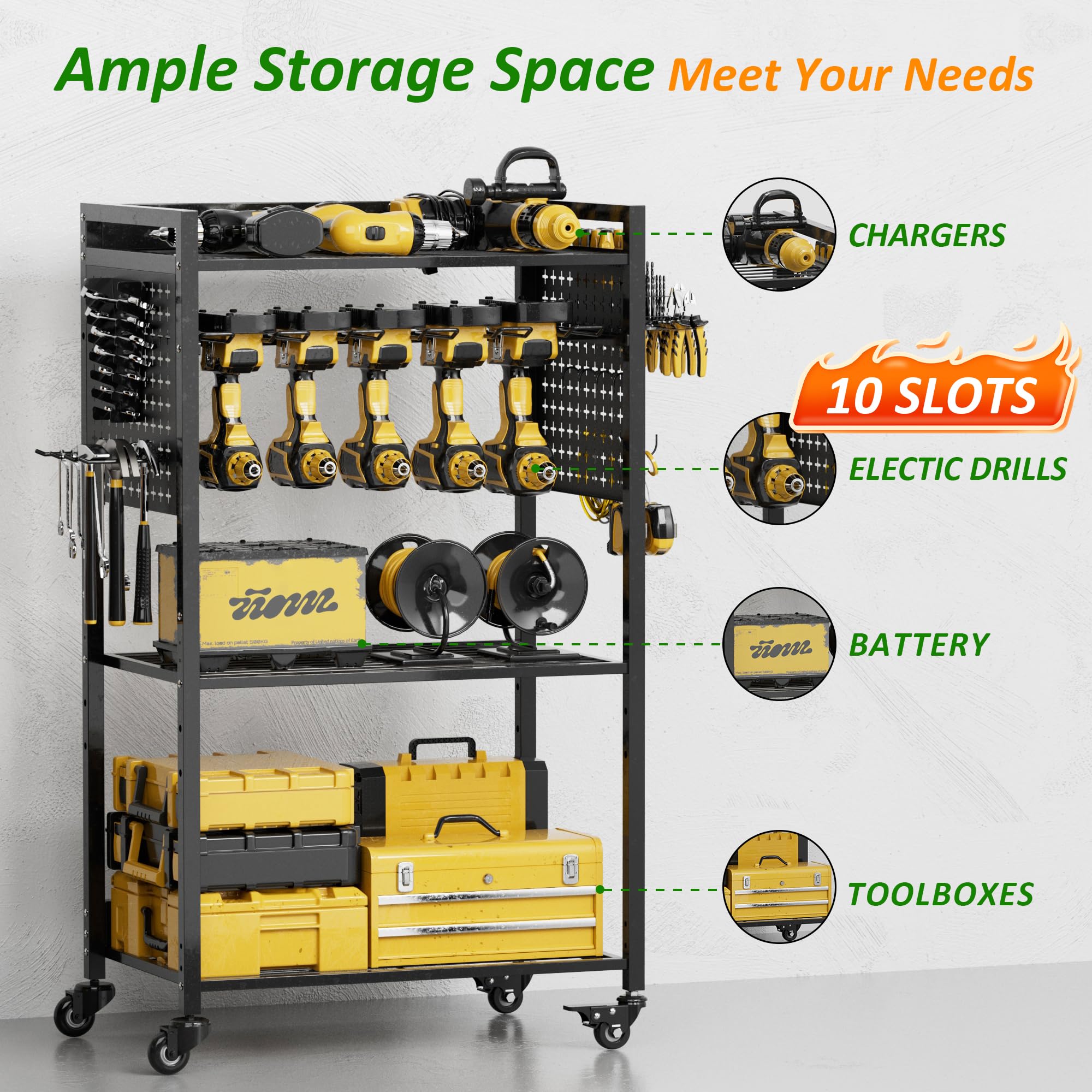 VDEVY 38IN Large Power Tool Organizer Cart, Rolling Tool Drills Holders Storage Rack on Wheels, Black Utility Cart for Garage Workbench, Warehouse, Gift for Husband