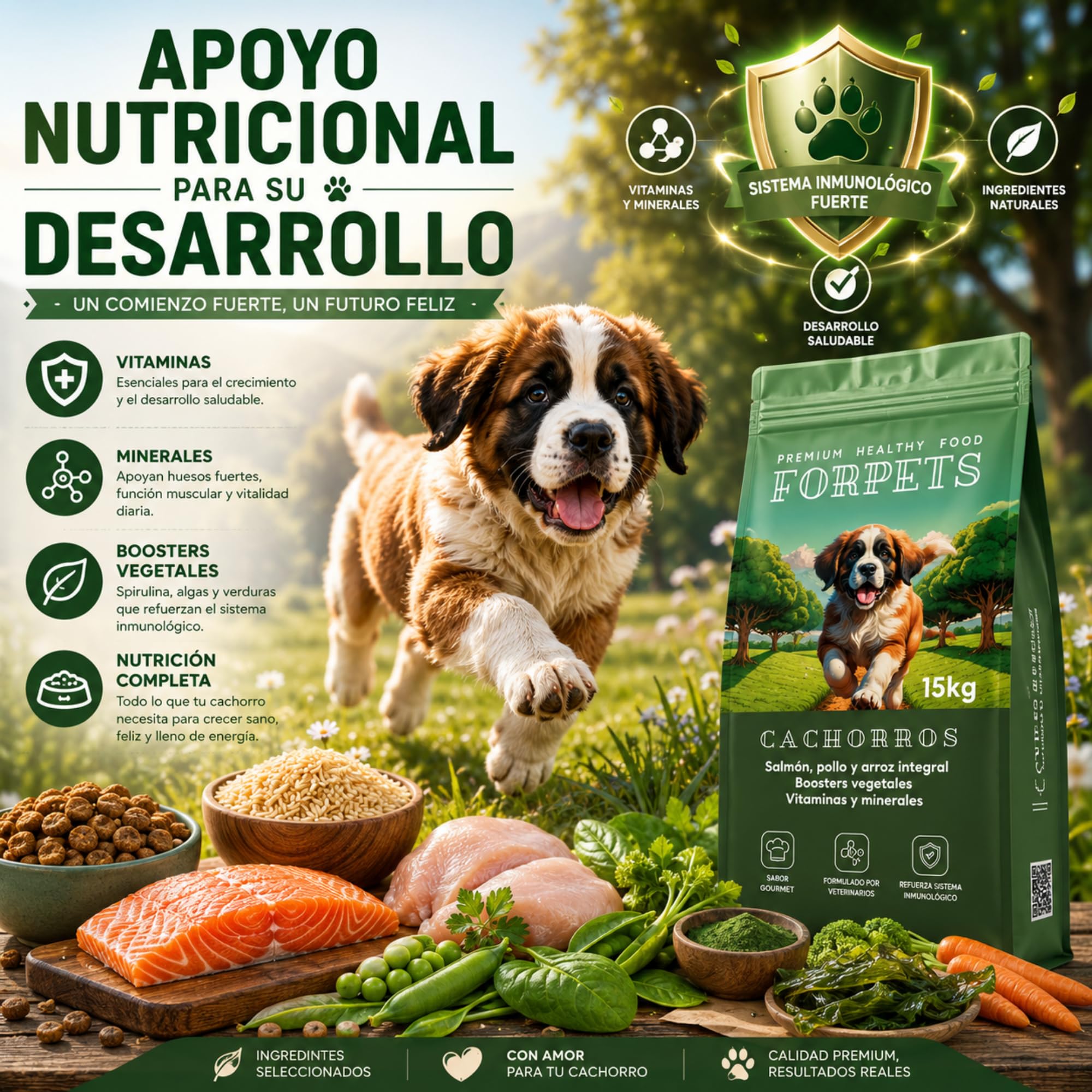 Pienso para Cachorros 15 kg | Salmón, Pollo y Arroz Integral | Digestión Sensible y Crecimiento Saludable | Sin Gluten, Alto en Proteína | Razas Pequeñas, Medianas y Grandes | FORPETS