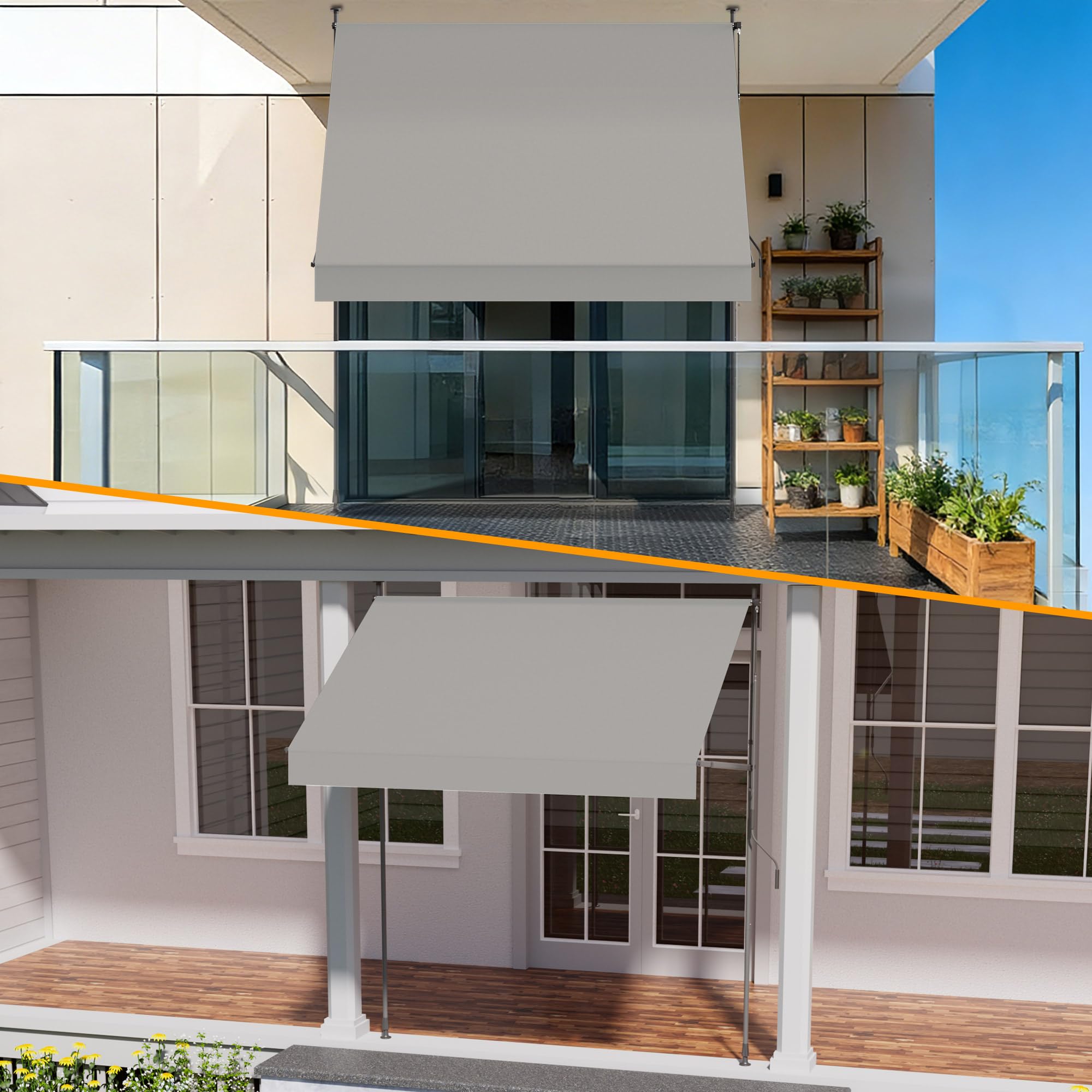 HOMEDEMO Store Balcon Rétractable avec poignée réglable, Résistant aux UV, Auvent Manuel Rétractable, Store Banne Hauteur et Inclinaison Réglable, pour Jardin, Patio Gris250 x (120-150) cm