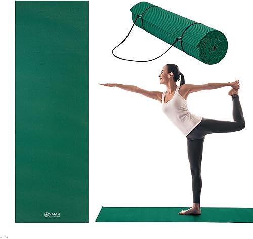 Gaiam Essentials 14" Thin (6mm) Yoga & Pilates, Fitness & Exercise Mat with Easy-Cinch Carrier Strap Cusion Support For Fitness and Gym Workouts