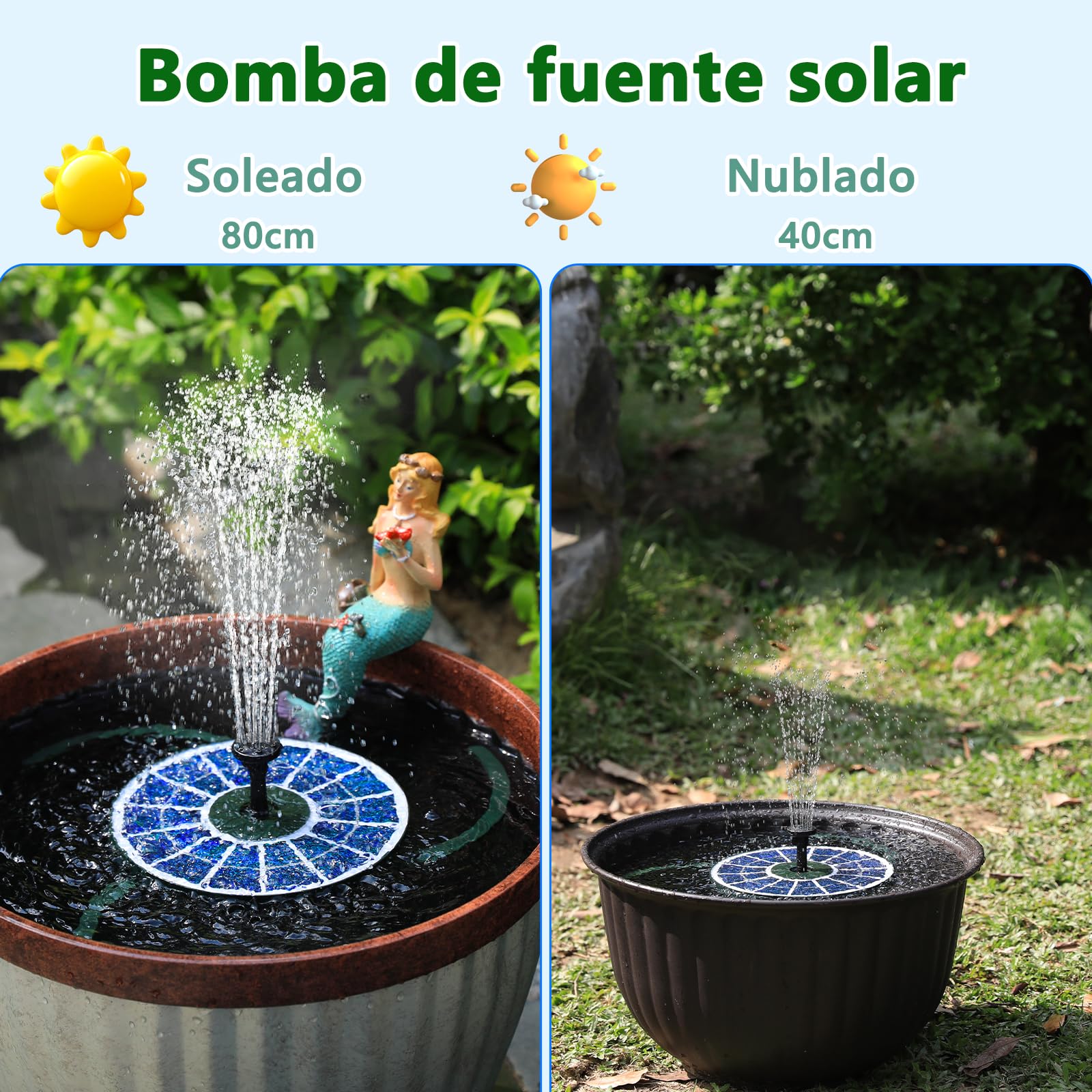 AISITIN Fuente Solar Jardin Exterior, Fuente Jardin con Múltiples Boquillas y Soportes Fijos, Bomba de Agua Solar con Panel de Cristal Verde Oscuro para Estanque, Piscina,Baño de Pájaros