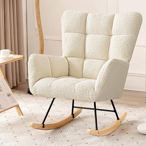 Miniatura 9 de Furniliving Mecedora, mecedora de piel sintética, almohadillas acolchadas antideslizantes para guardería con cómodos reposabrazos, silla de lectura