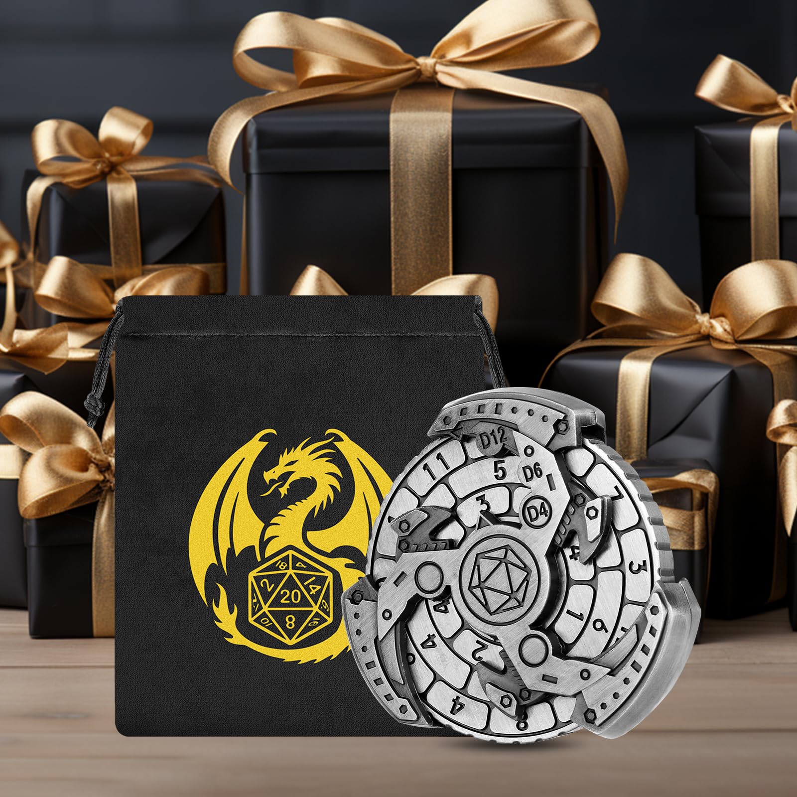 Spinner de Dés DND, Gyroscope du Bout des Doigts, 7-en-1 Métallique DND Dés, Roulette Dés Spinner, Cadeaux D&D avec Sacs Cadeaux Logo Dragon, Jeu de Rôle, Accessoires de Jeu de Société, Argent Foncé