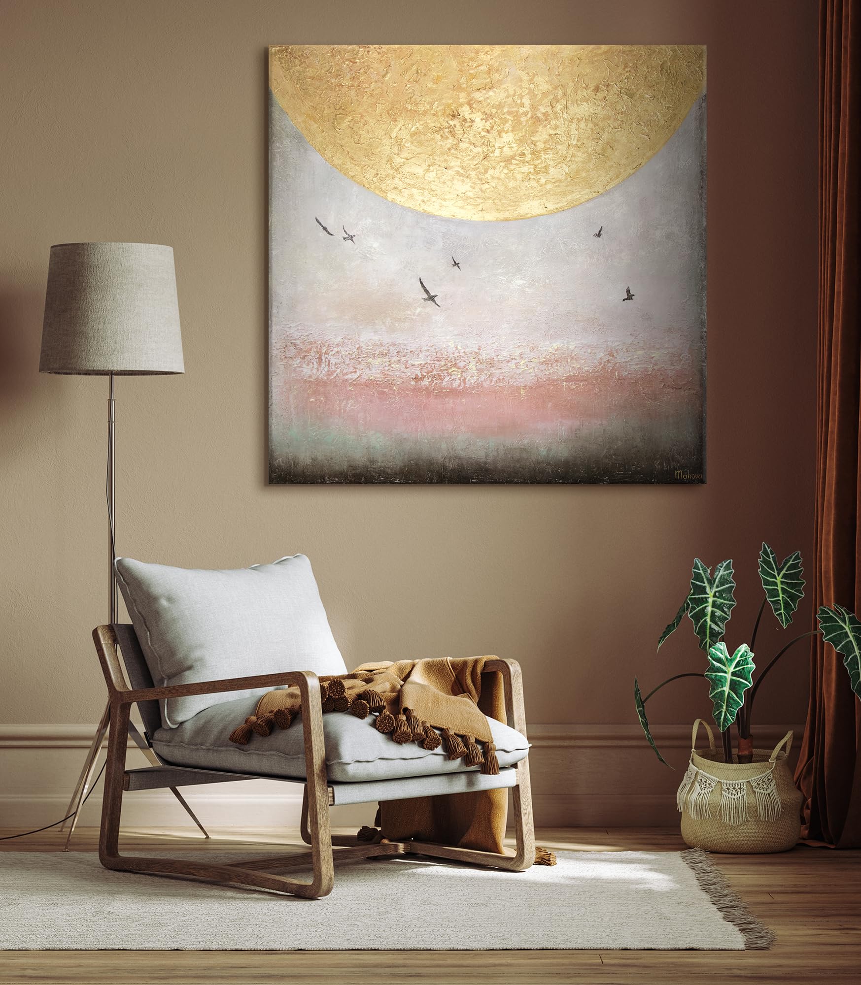 YS-Art Quadro Dipinto a Mano - Sole Dorato con Uccelli, Paesaggio