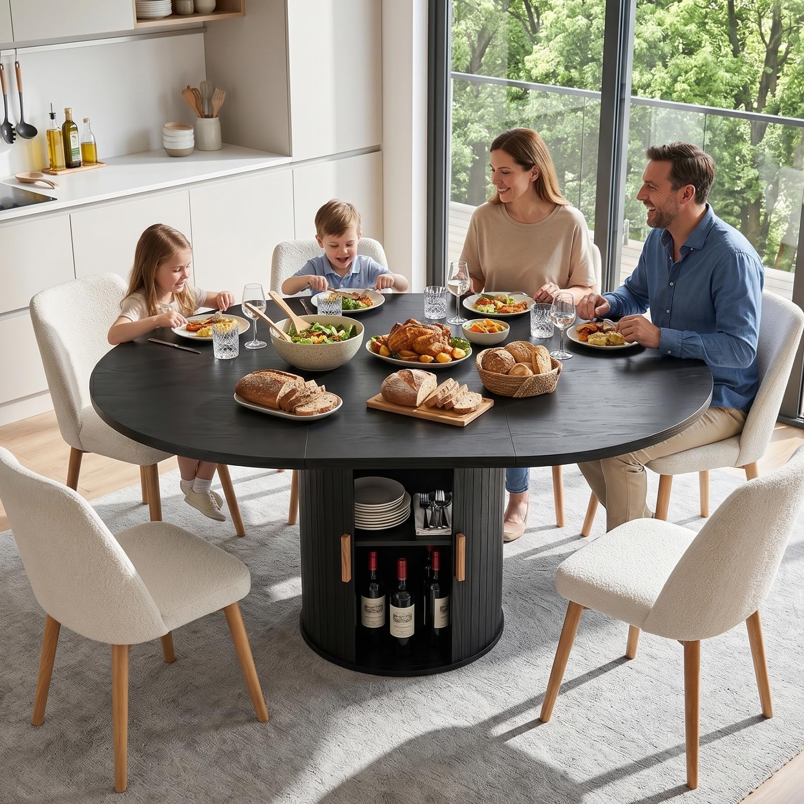 Mesa de comedor redonda extensible - de redonda a ovalada | Mesa de comedor moderna con base cilíndrica, mesa de cocina de madera para 4-6 personas, color negro (solo mesa)