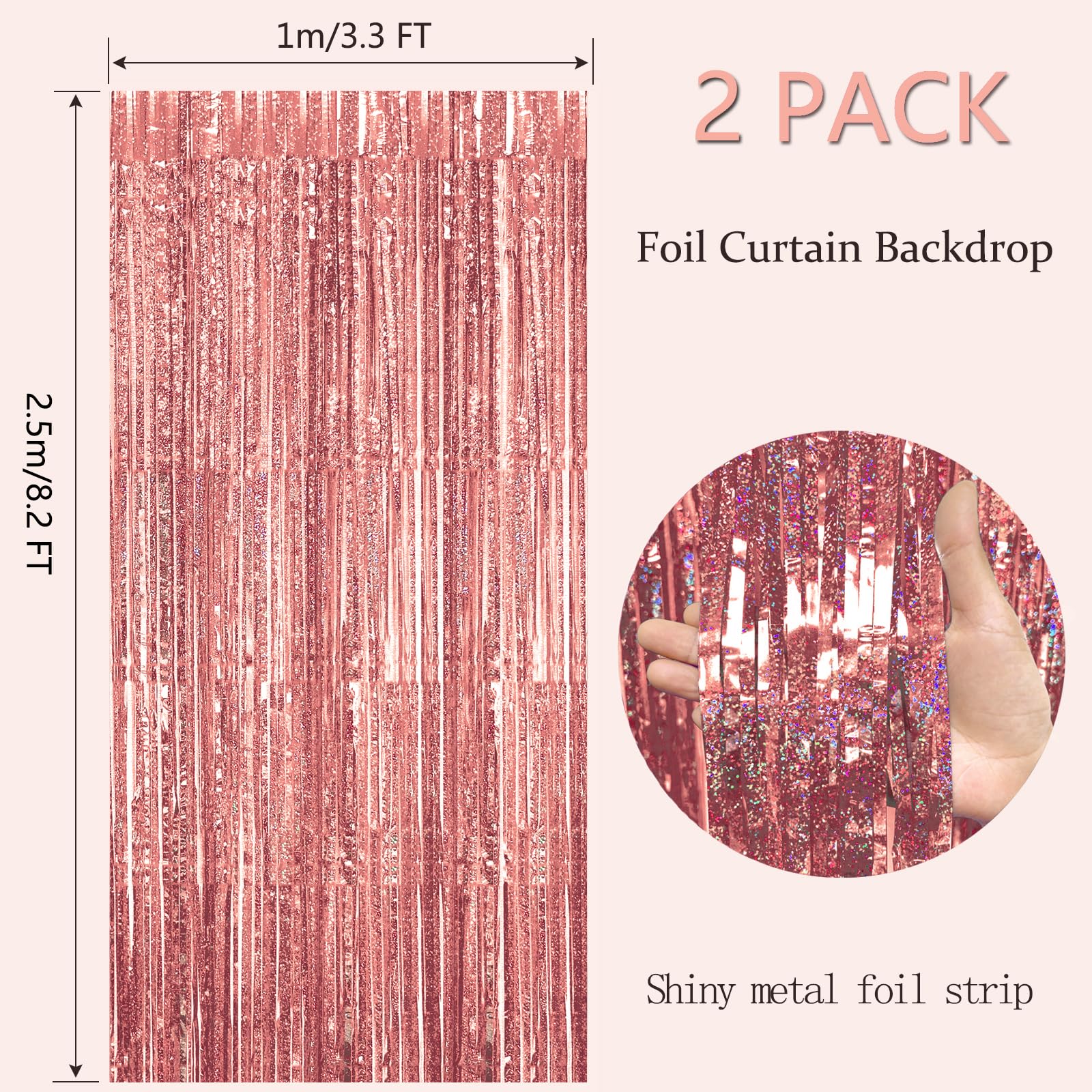 Condition photo showing New/Like New for GZ-LAOPAITOU 2 Pack 3.3x8.2 Ft Rose Gold Foil Fringe Curtains Birthday Party Streamers Decorations Backdrop Graduation Engagement Wedding Baby Shower Photo Booth Props Bachelorette Halloween Christmas