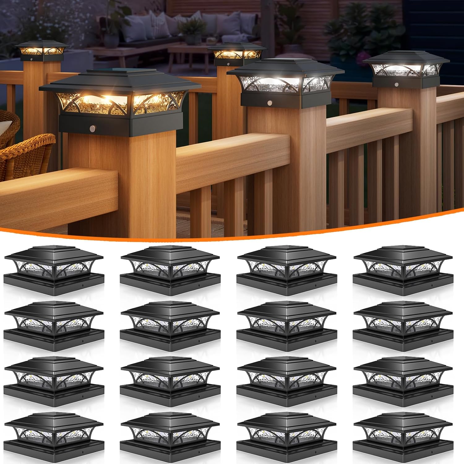 APONUO Solar Post Cap Lights 16 Pack - 4x4 5x5 6x6 Fence Post Lights, Auto On/Off, Waterproof IP64, 2-Mode (Warm/Cool White), Deck Patio Yard Solar Light for Wood & Vinyl Posts, Black Black 16 Pack