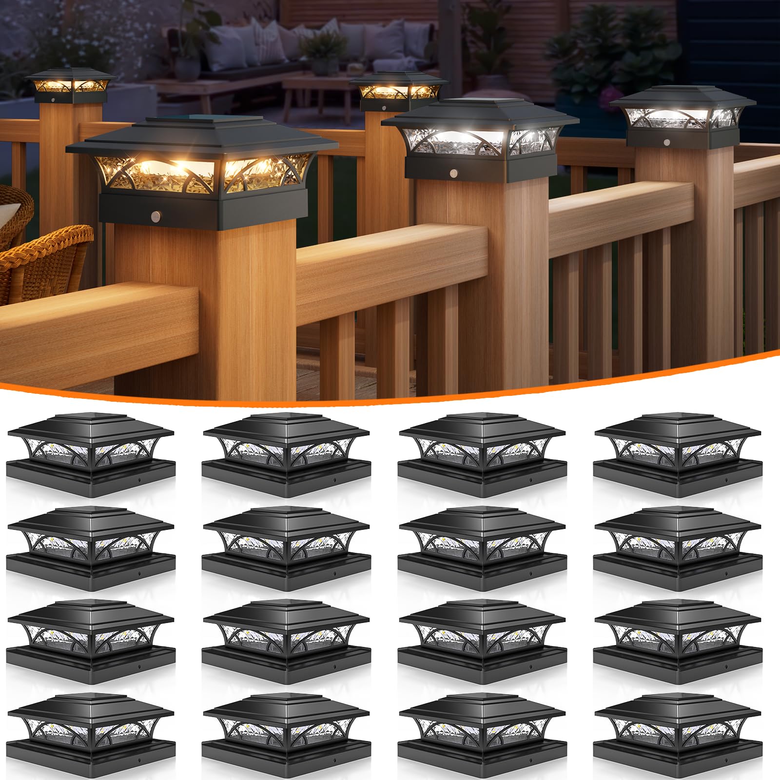 APONUO Solar Post Cap Lights 16 Pack - 4x4 5x5 6x6 Fence Post Lights, Auto On/Off, Waterproof IP64, 2-Mode (Warm/Cool White), Deck Patio Yard Solar