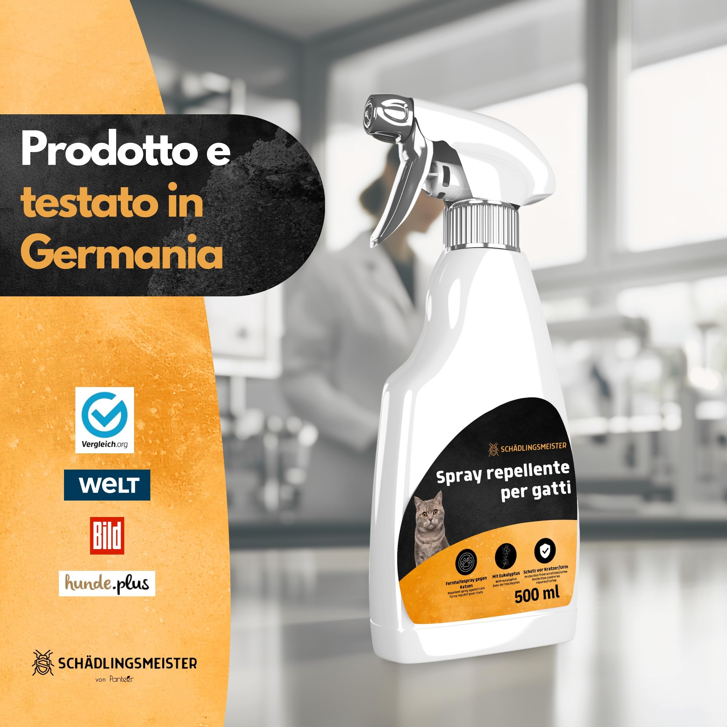 Panteer Spray repellente per gatti 500ml - PROTEZIONE A LUNGO TERMINE CONTRO L'URINA - Allontana i gatti con eucalipto - Scaccia gatti - Repellente per gatti da esterno - Deterrente per gatti