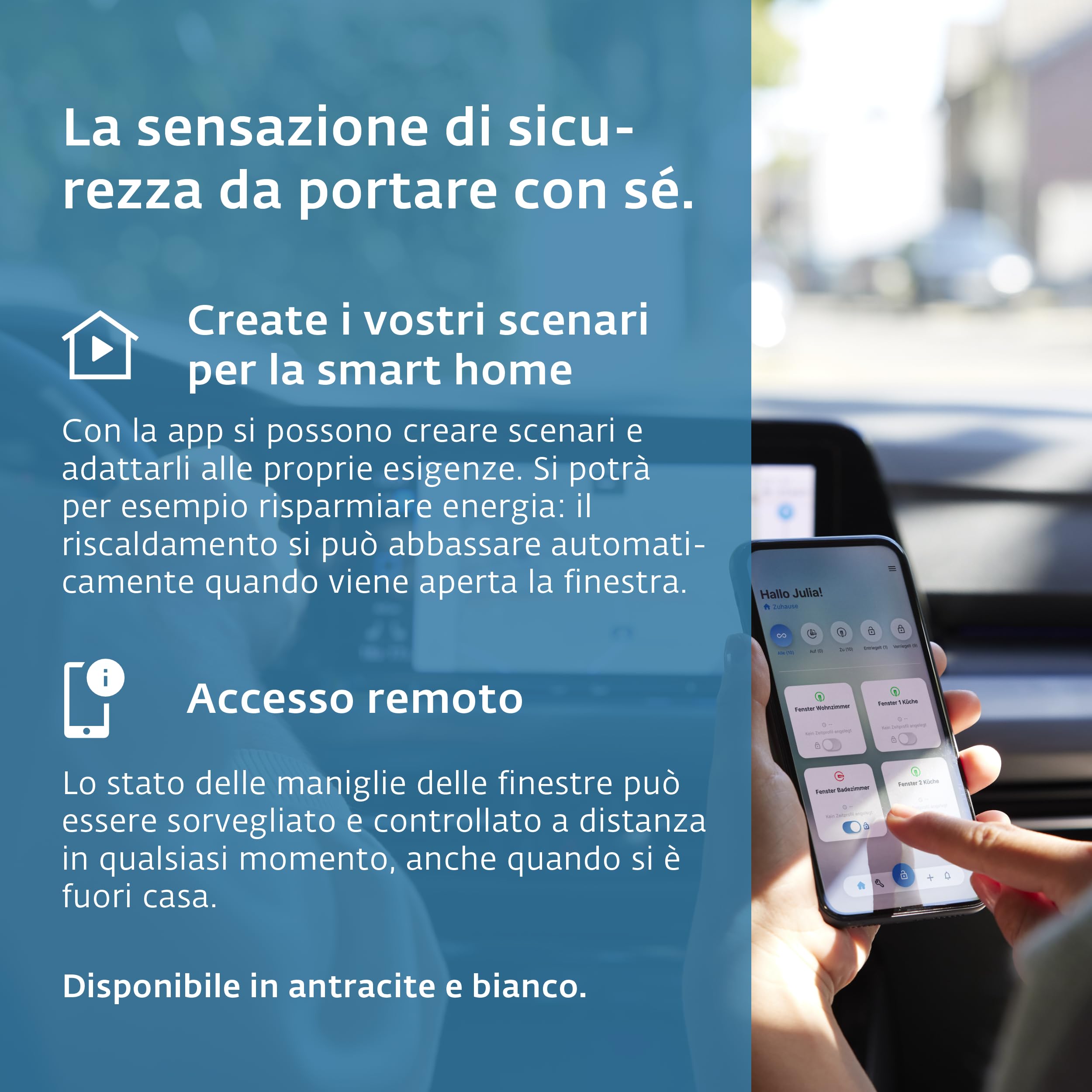 Maniglia smart per finestre SIEGENIA 2° gen. bianco - Compatibile con Matter per l'inserimento nelle reti della smart home con sorveglianza dello stato, blocco centralizzati tramite accesso remoto