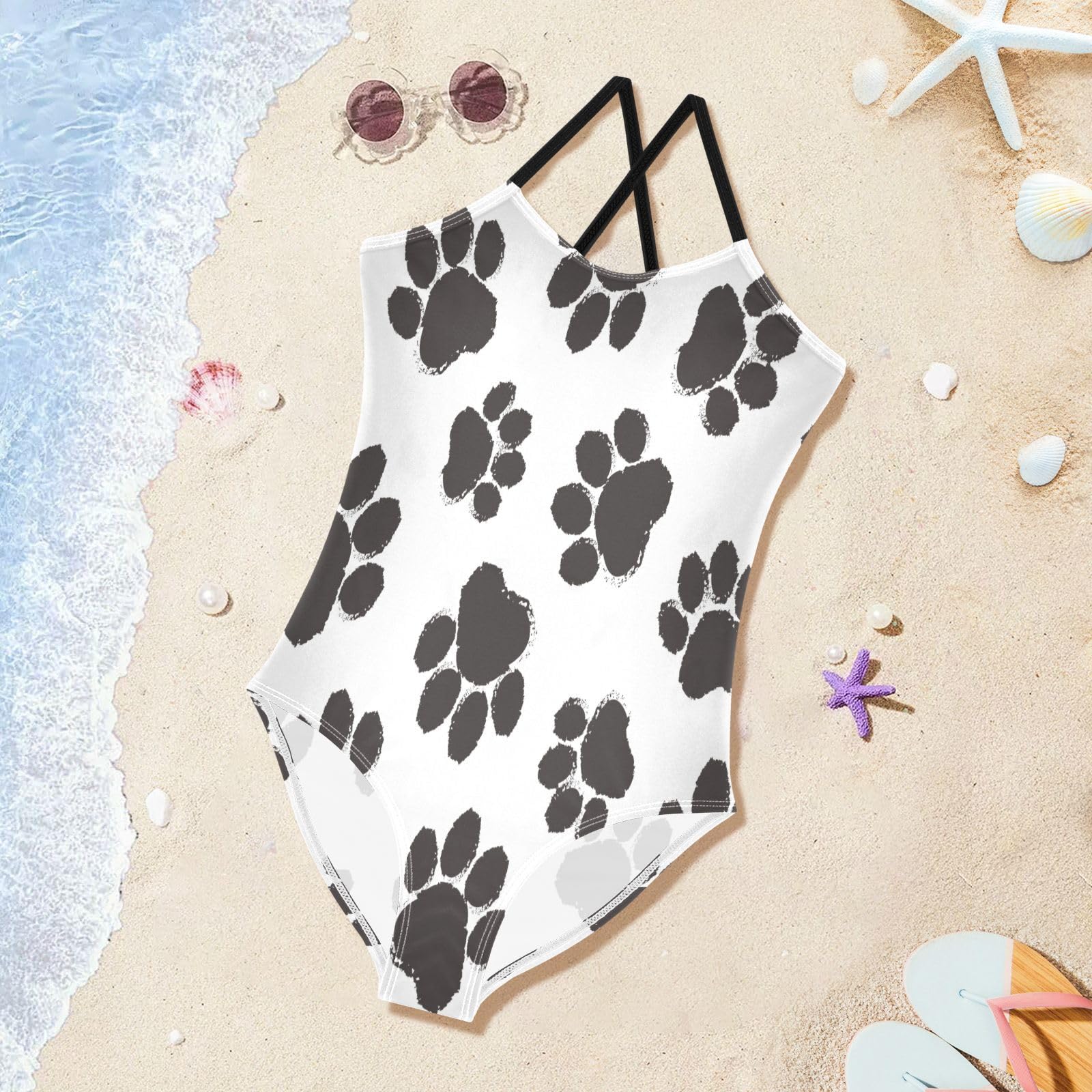 Black Silhouette Paws Cat Or Dog Girls One Piece Swimsuit Beach Swimwear Quick Dry Kids Bathing Suits 5-6T