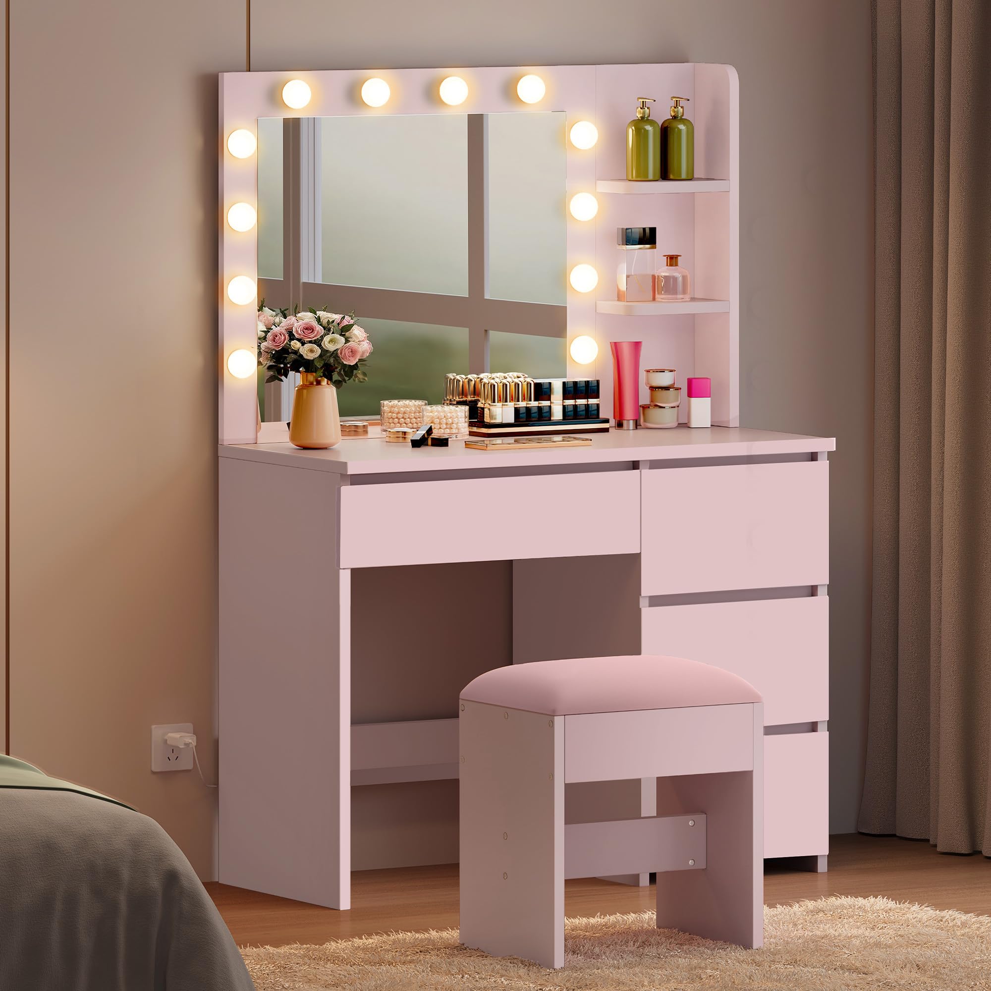 YITAHOME Schminktisch mit Beleuchtung, Dressing Table mit Spiegel Schminktische mit Hocker 3 Farben mit Einstellbarer Helligkeit, Frisiertisch mit 4 Schubladen Offenen Fächern Vanity Table Rosa